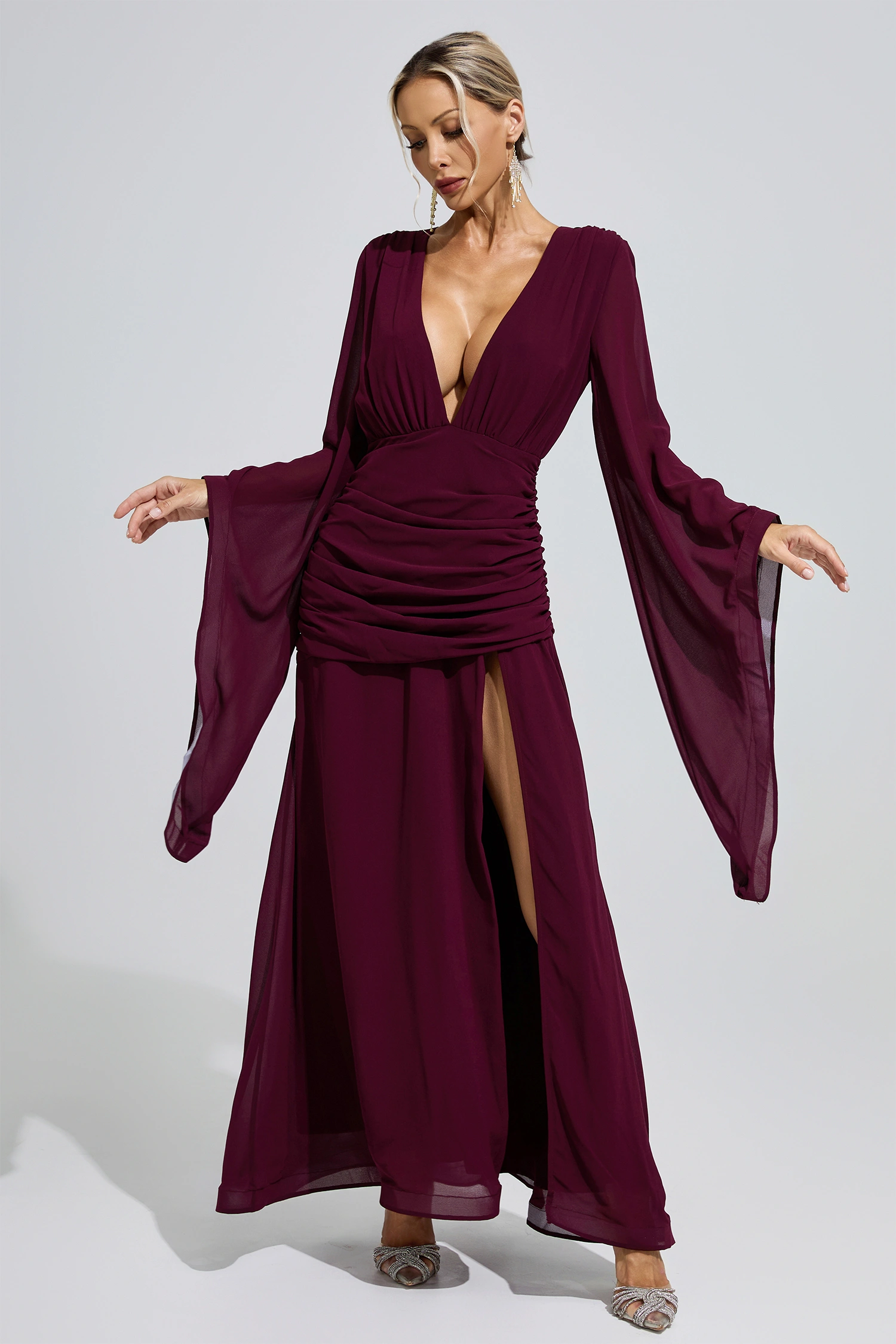 Tsvetaeva Purple Ruched Wrap Maxi Dress