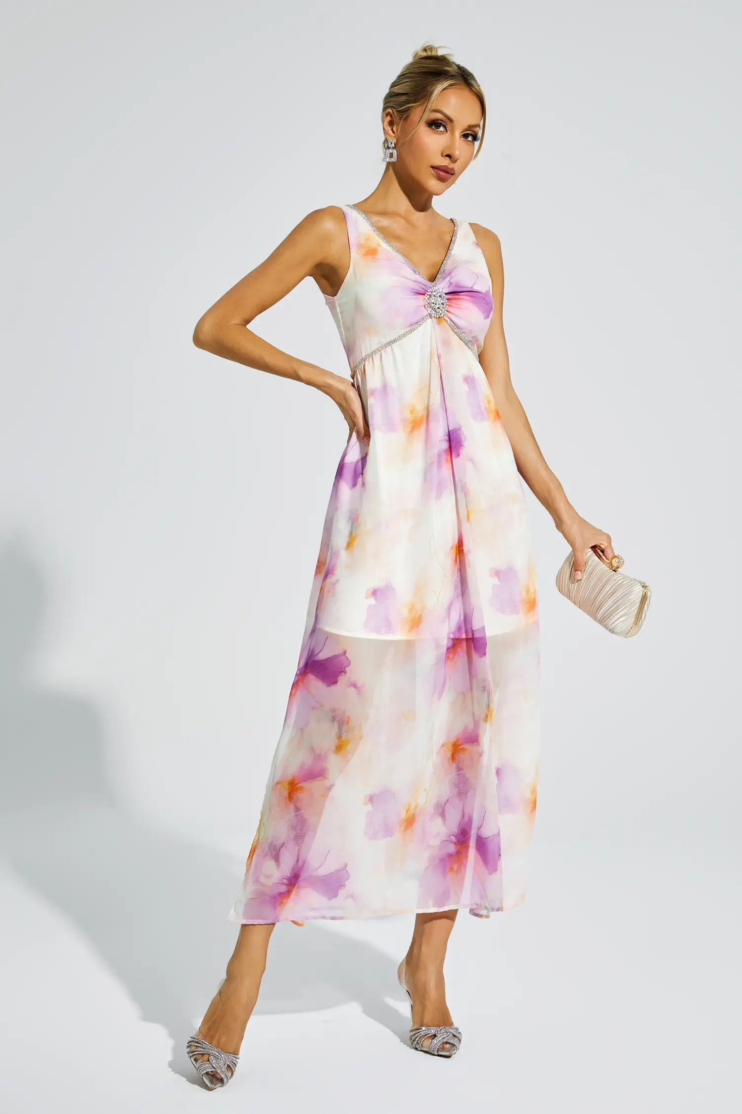 Tyler Purple Diamond V neck Midi Dress-CATCHALL