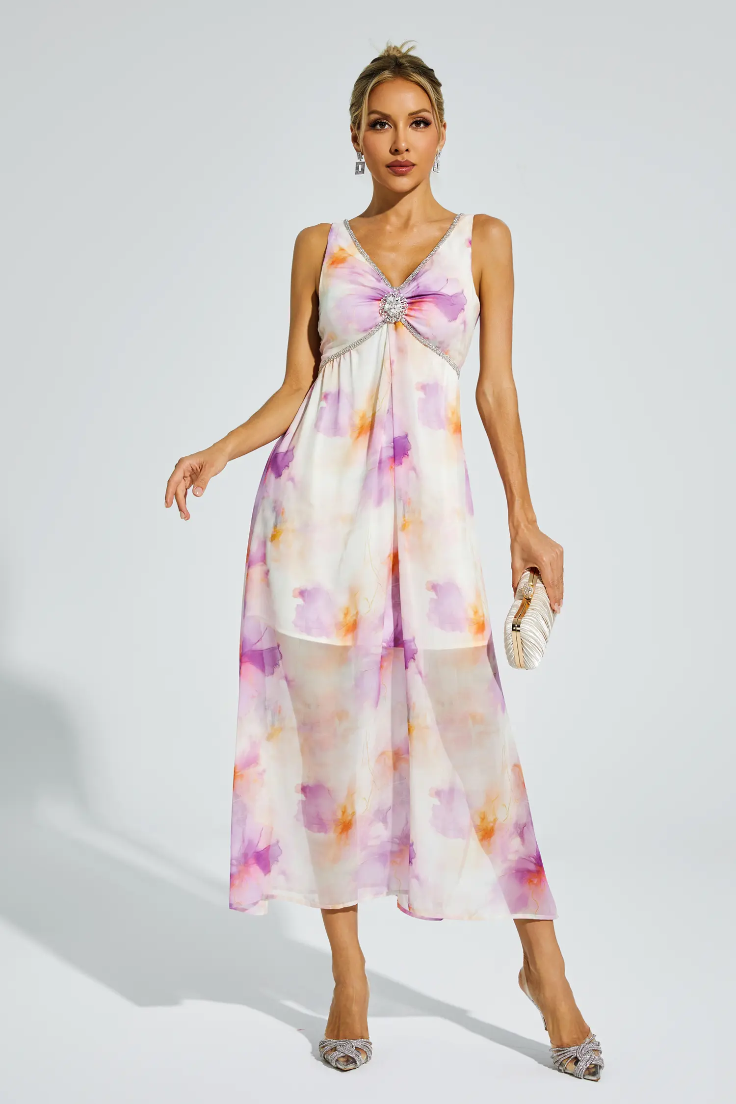 Tyler Purple Diamond V neck Midi Dress-CATCHALL