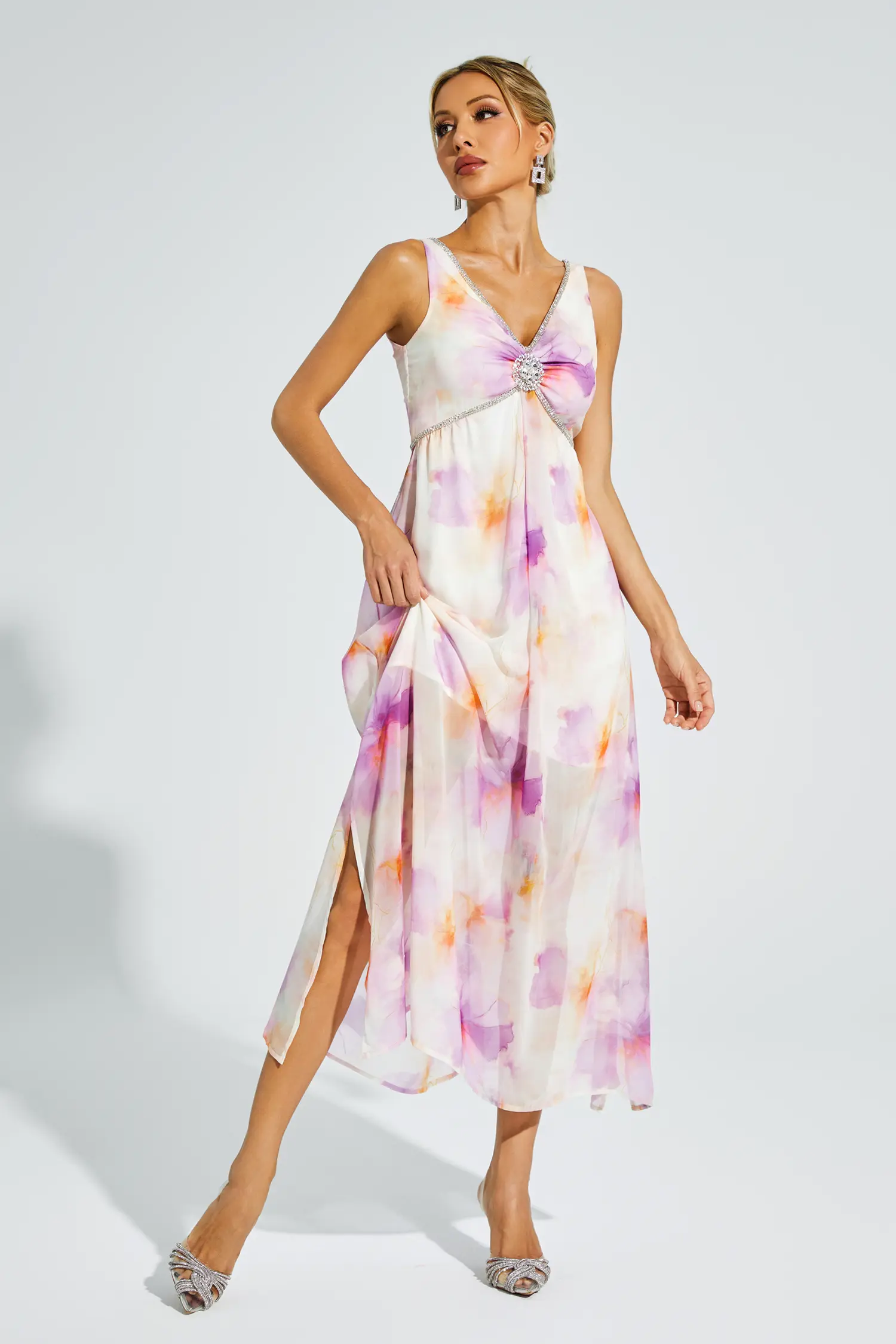 Tyler Purple Diamond V neck Midi Dress-CATCHALL