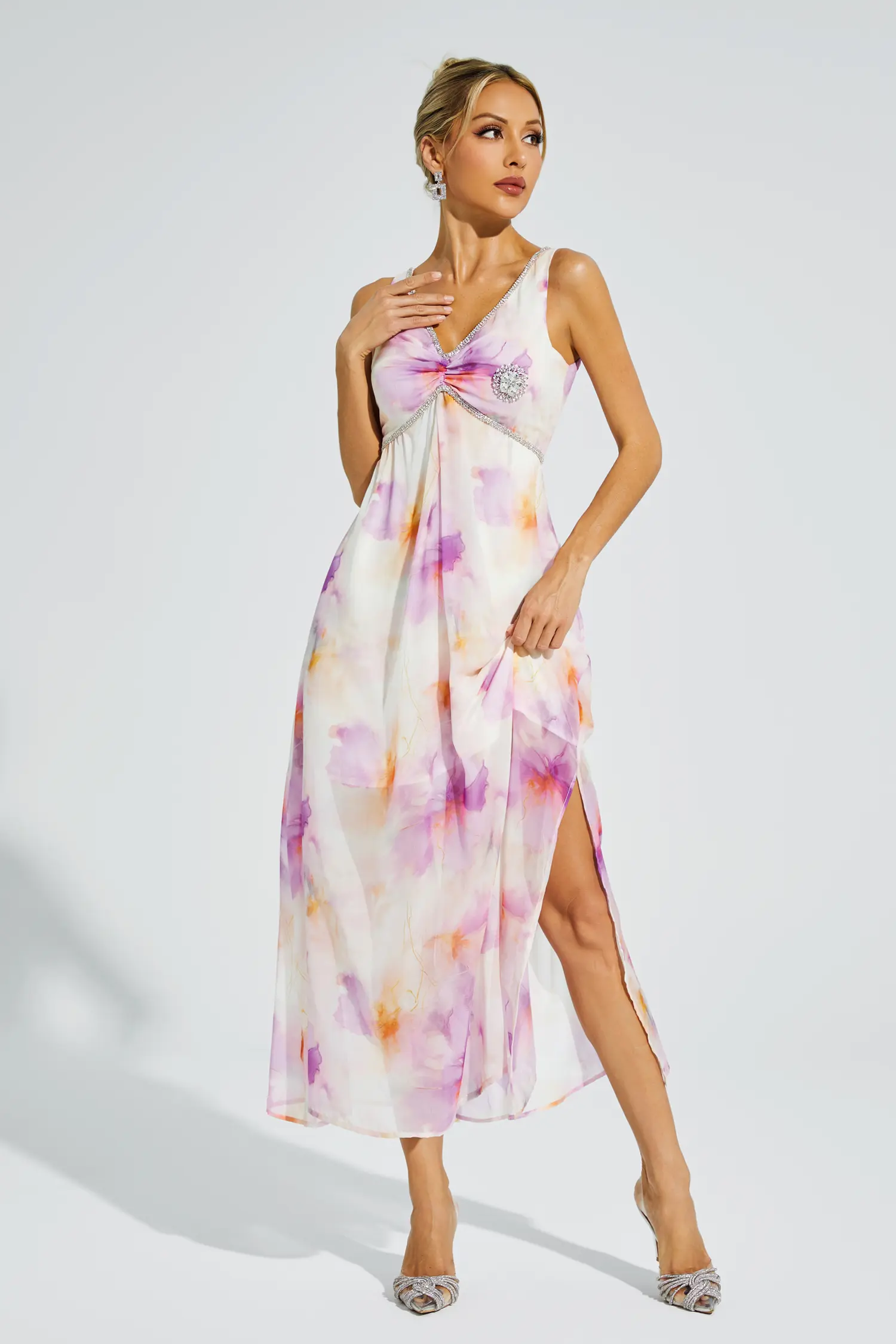Tyler Purple Diamond V neck Midi Dress-CATCHALL