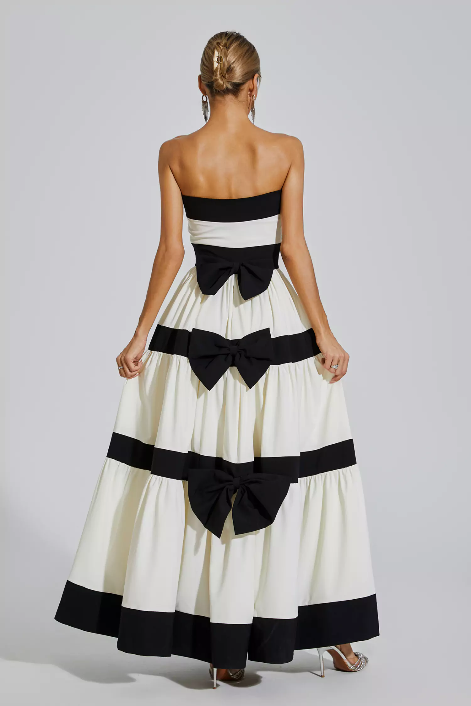 Valery White Striped Bowknot Maxi Dress-CATCHALL
