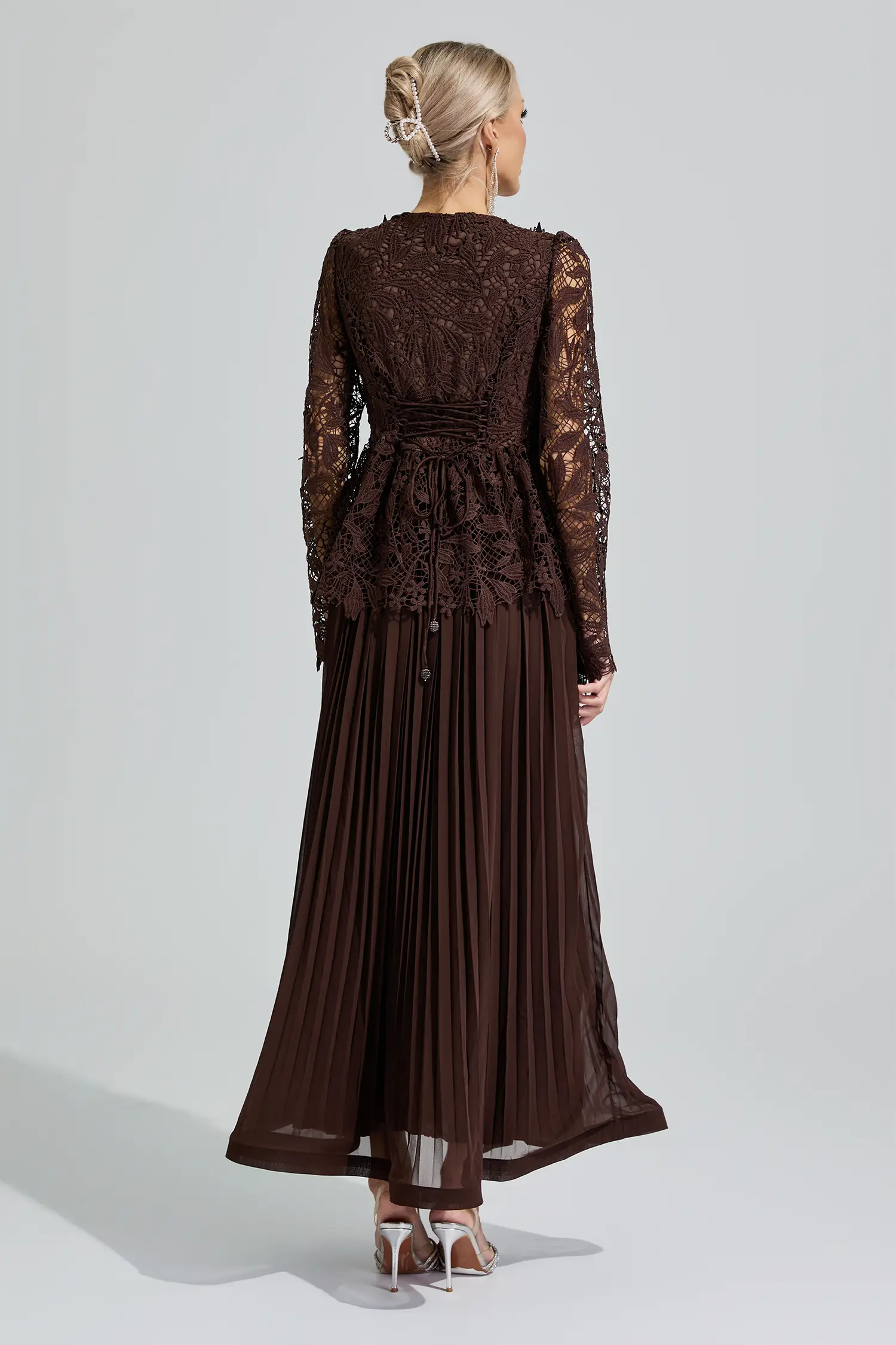 Venus Brown Lace Pleated Set