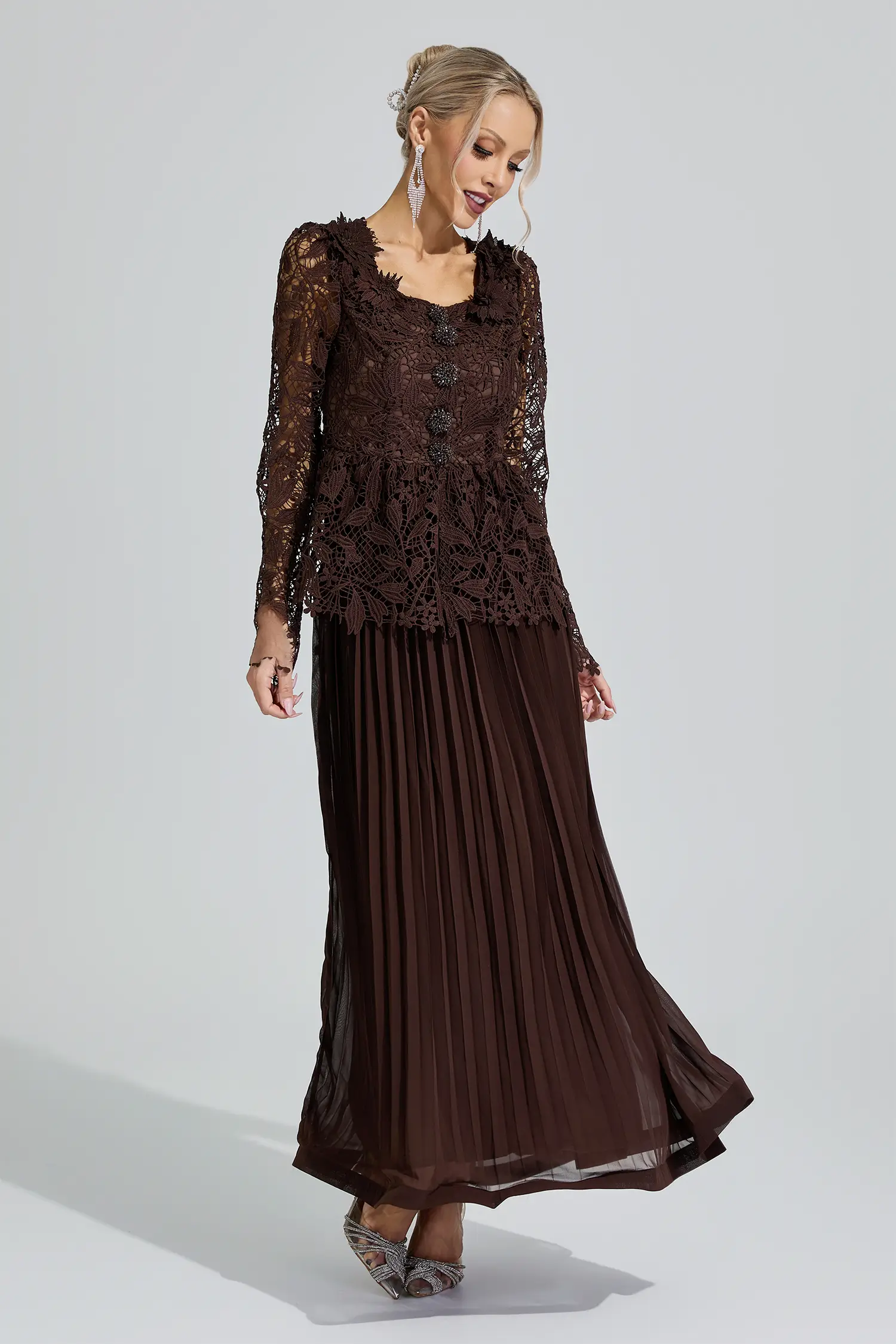 Venus Brown Lace Pleated Set