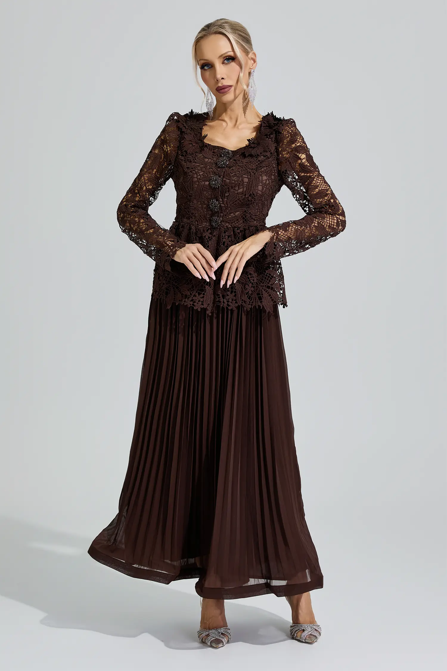 Venus Brown Lace Pleated Set