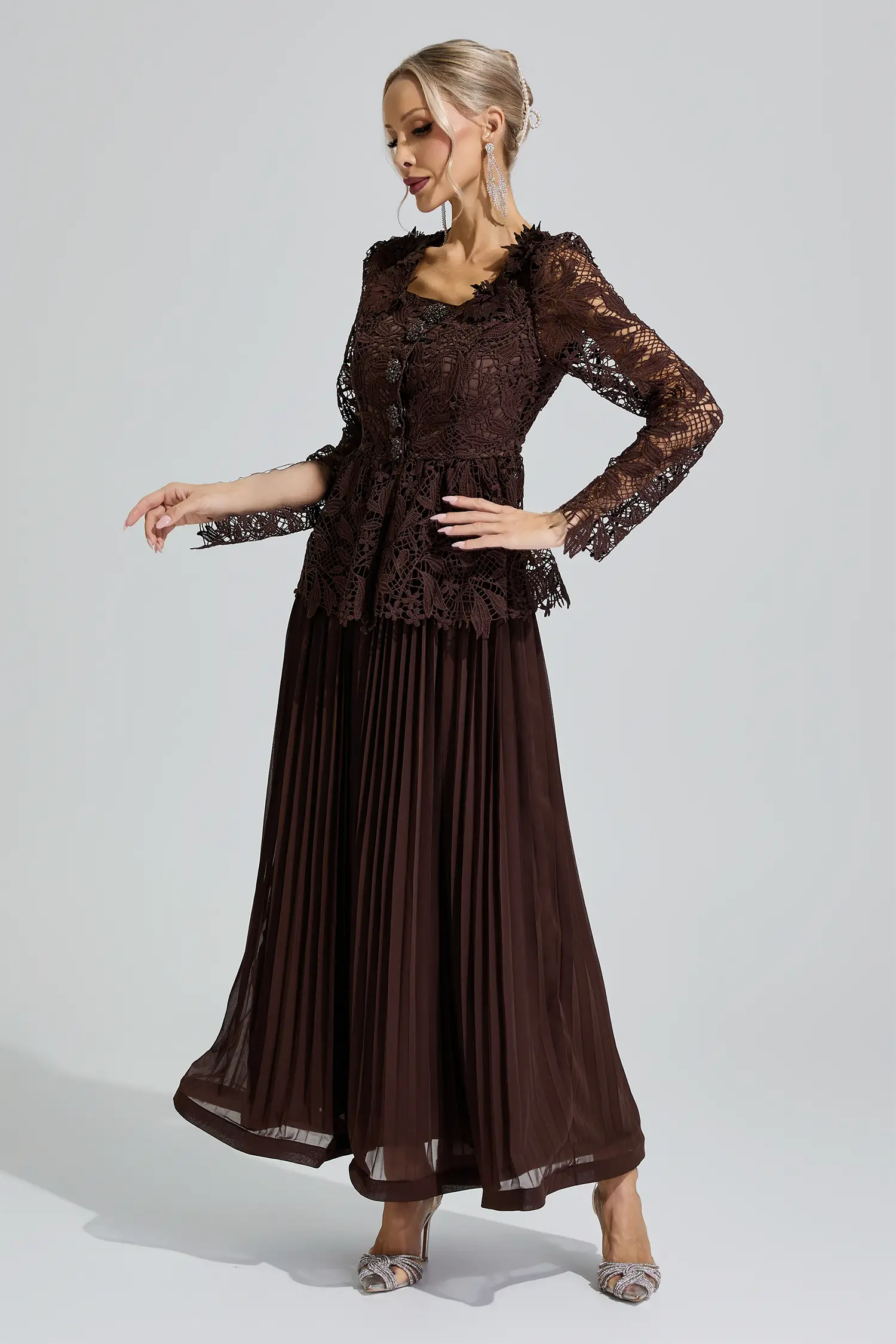 Venus Brown Lace Pleated Set