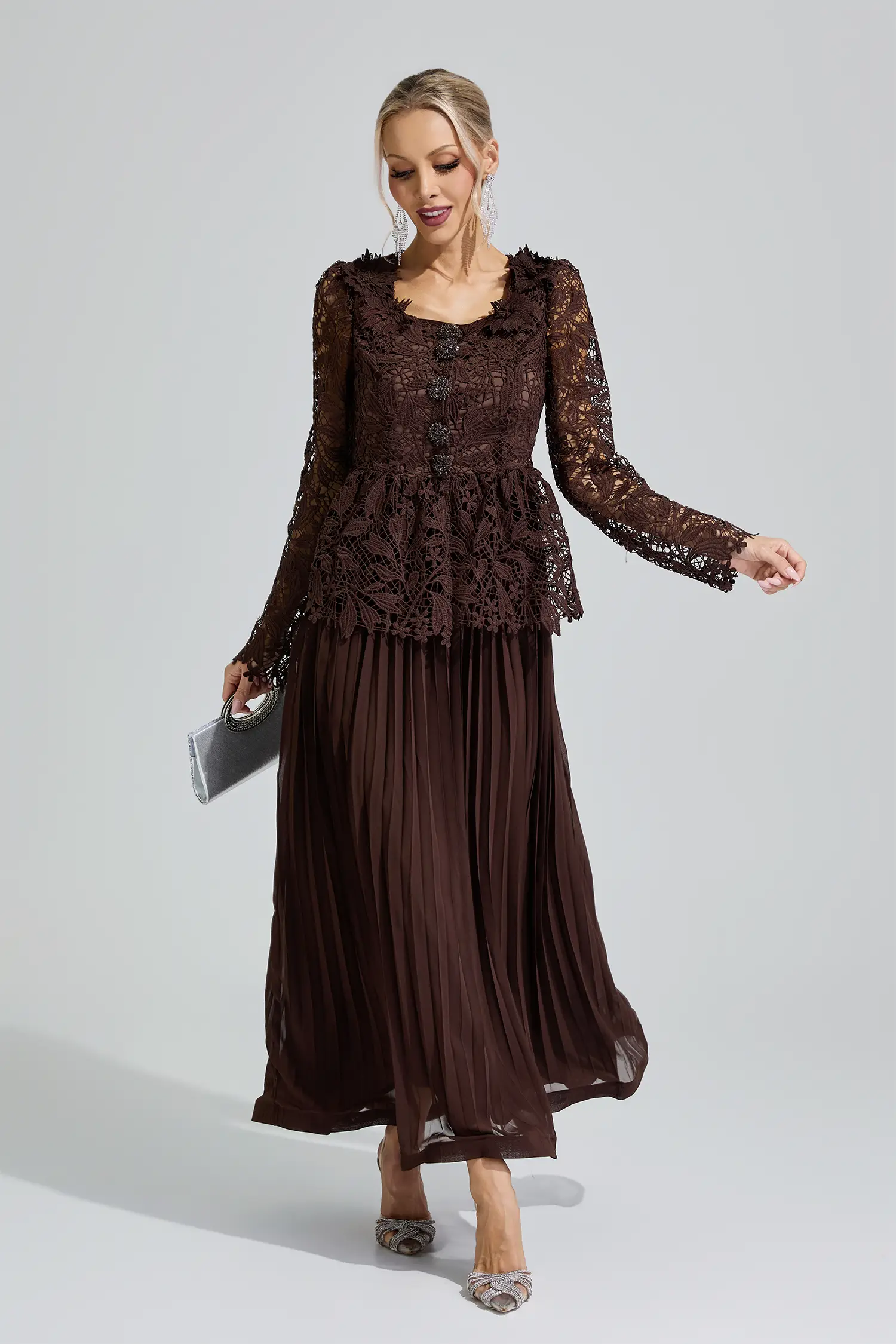 Venus Brown Lace Pleated Set
