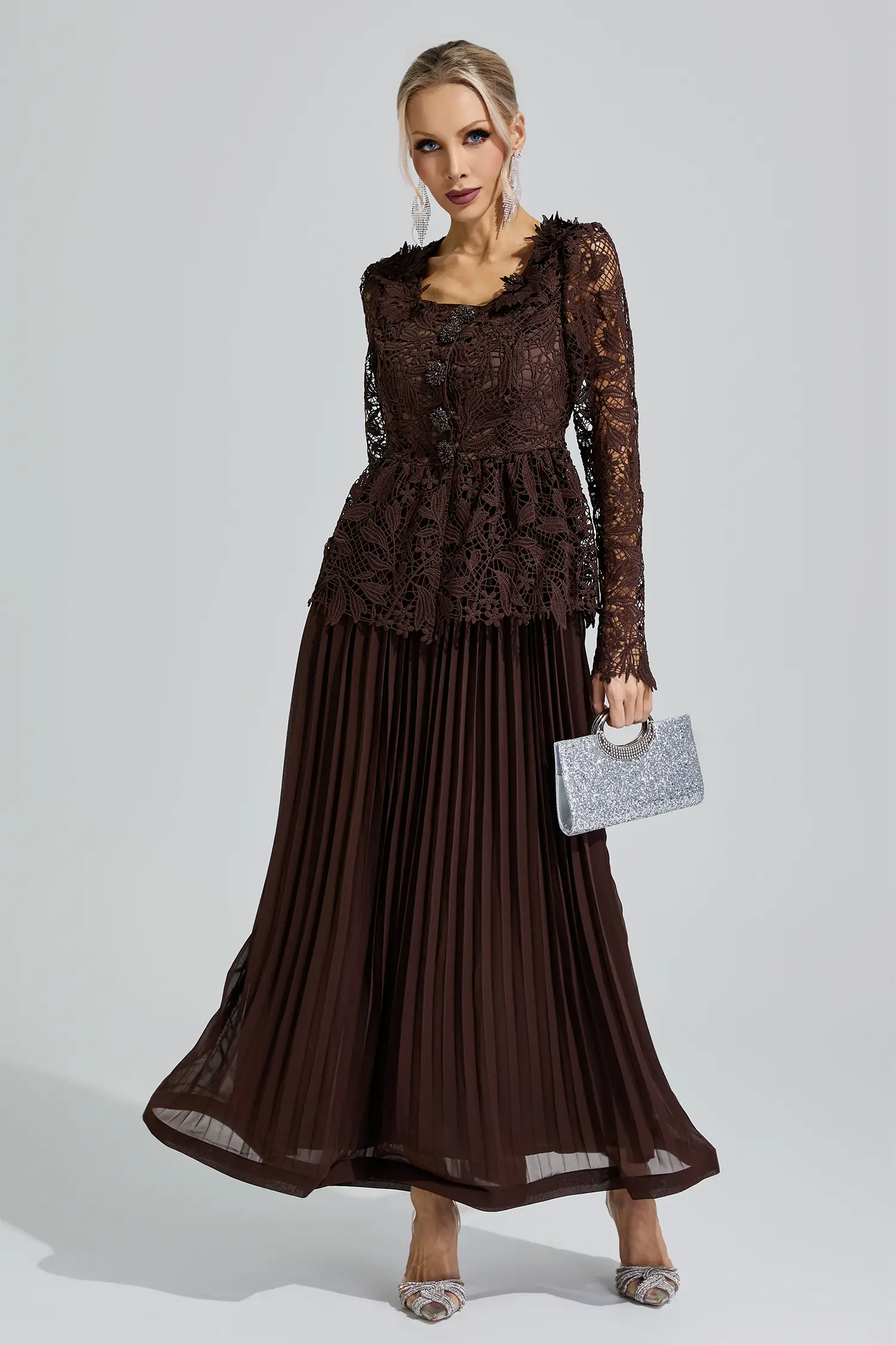 Venus Brown Lace Pleated Set