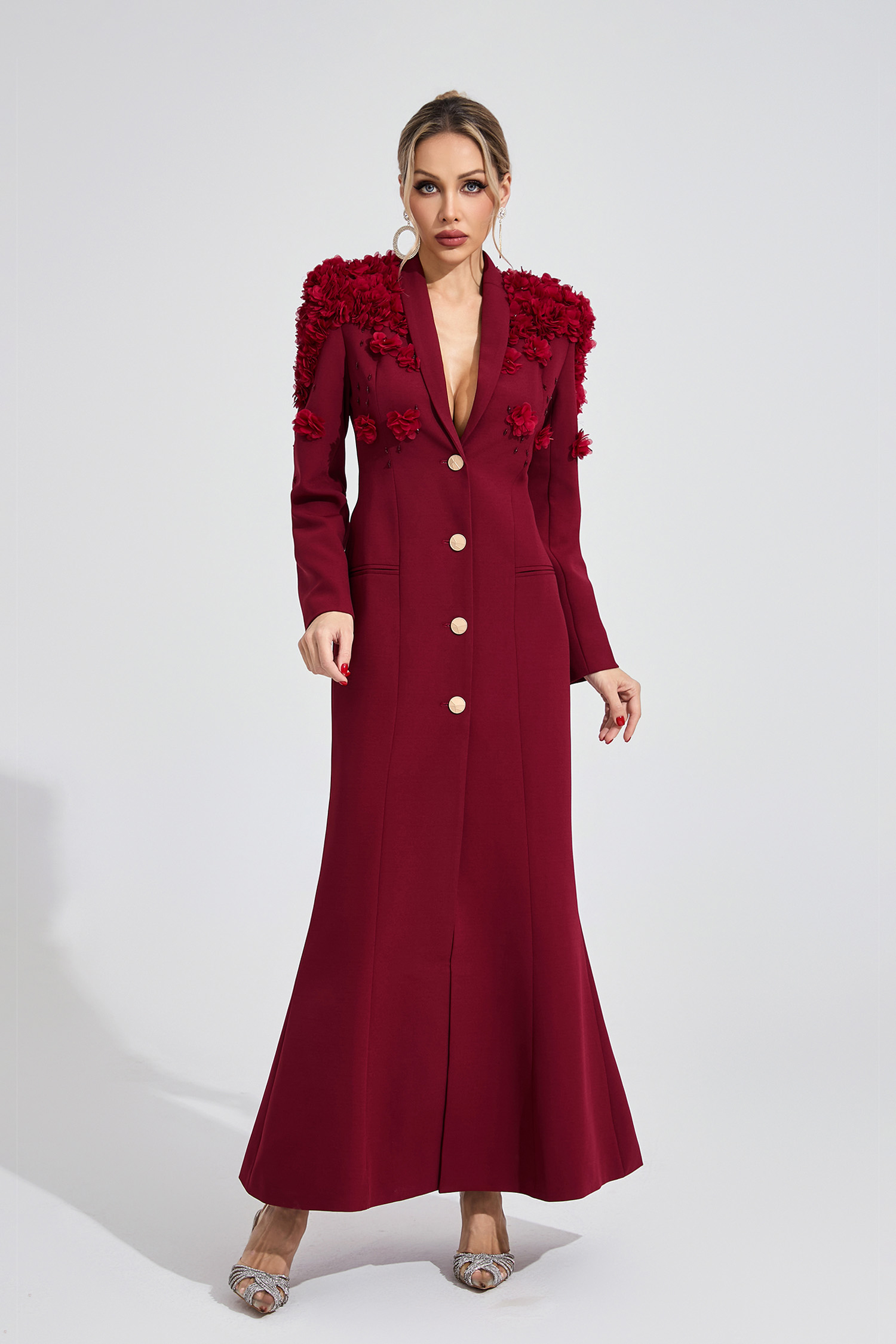 Vesper Wine Red Floral Maxi Dress