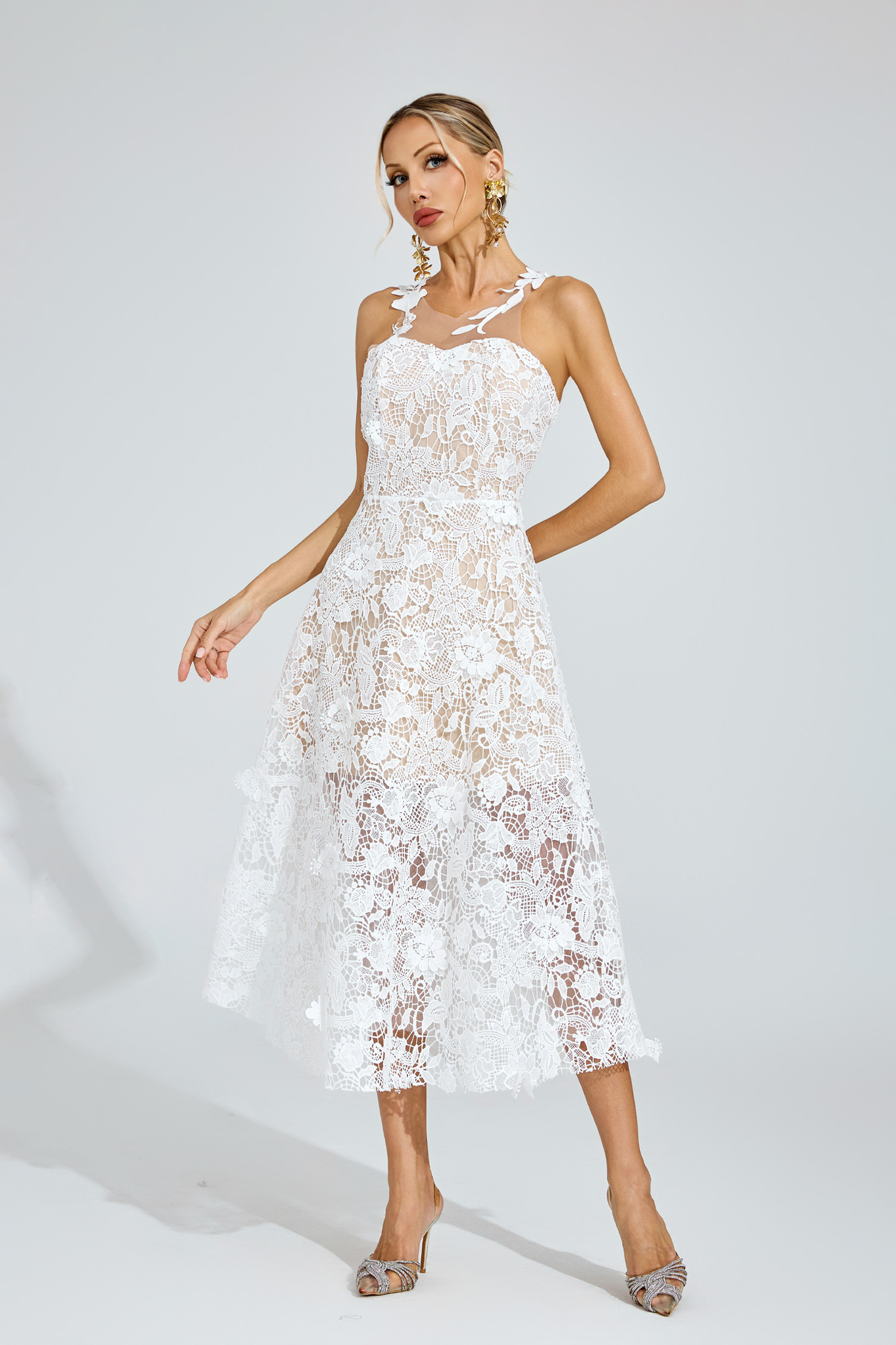 Waters White Lace Illusion Midi Dress