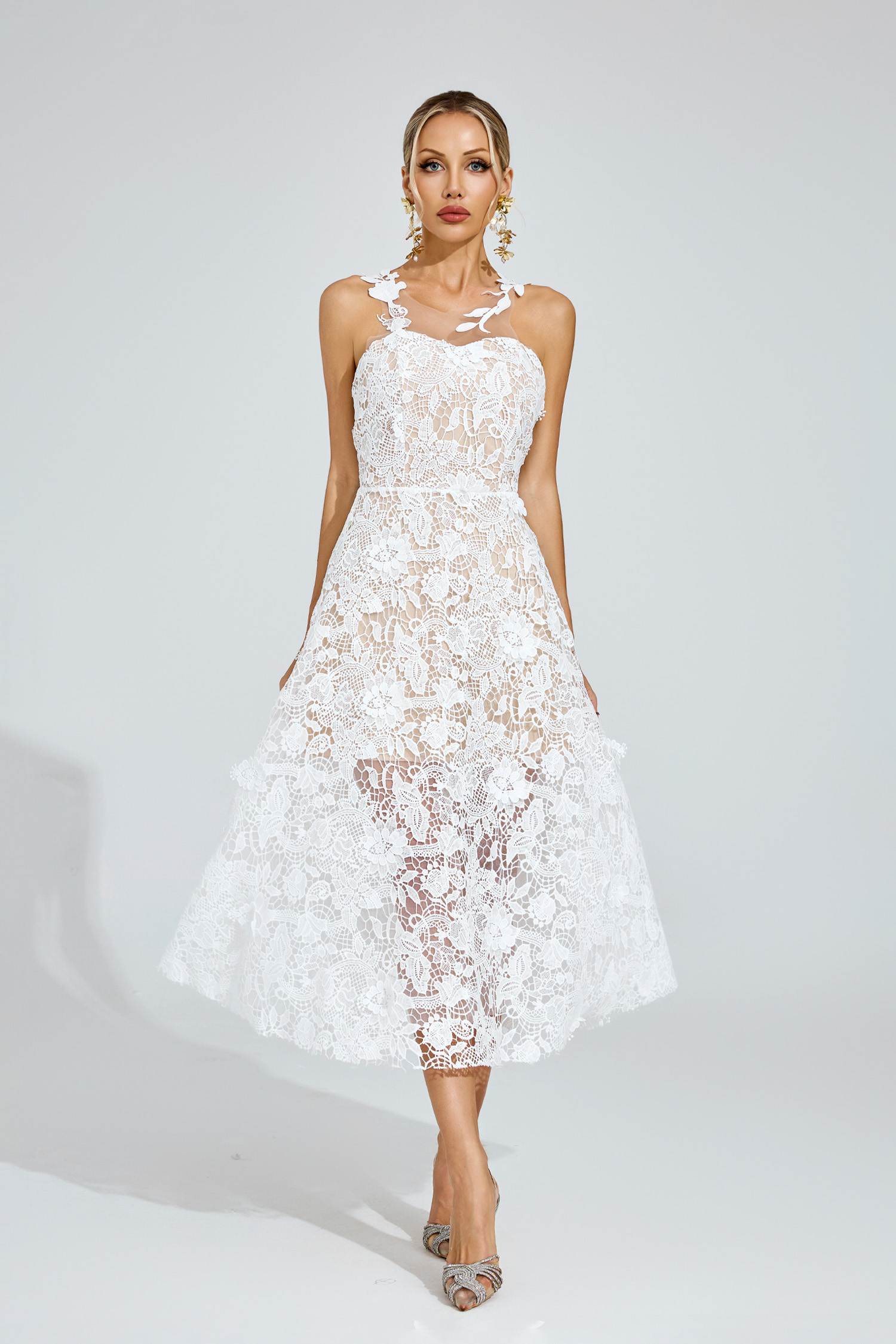 Waters White Lace Illusion Midi Dress