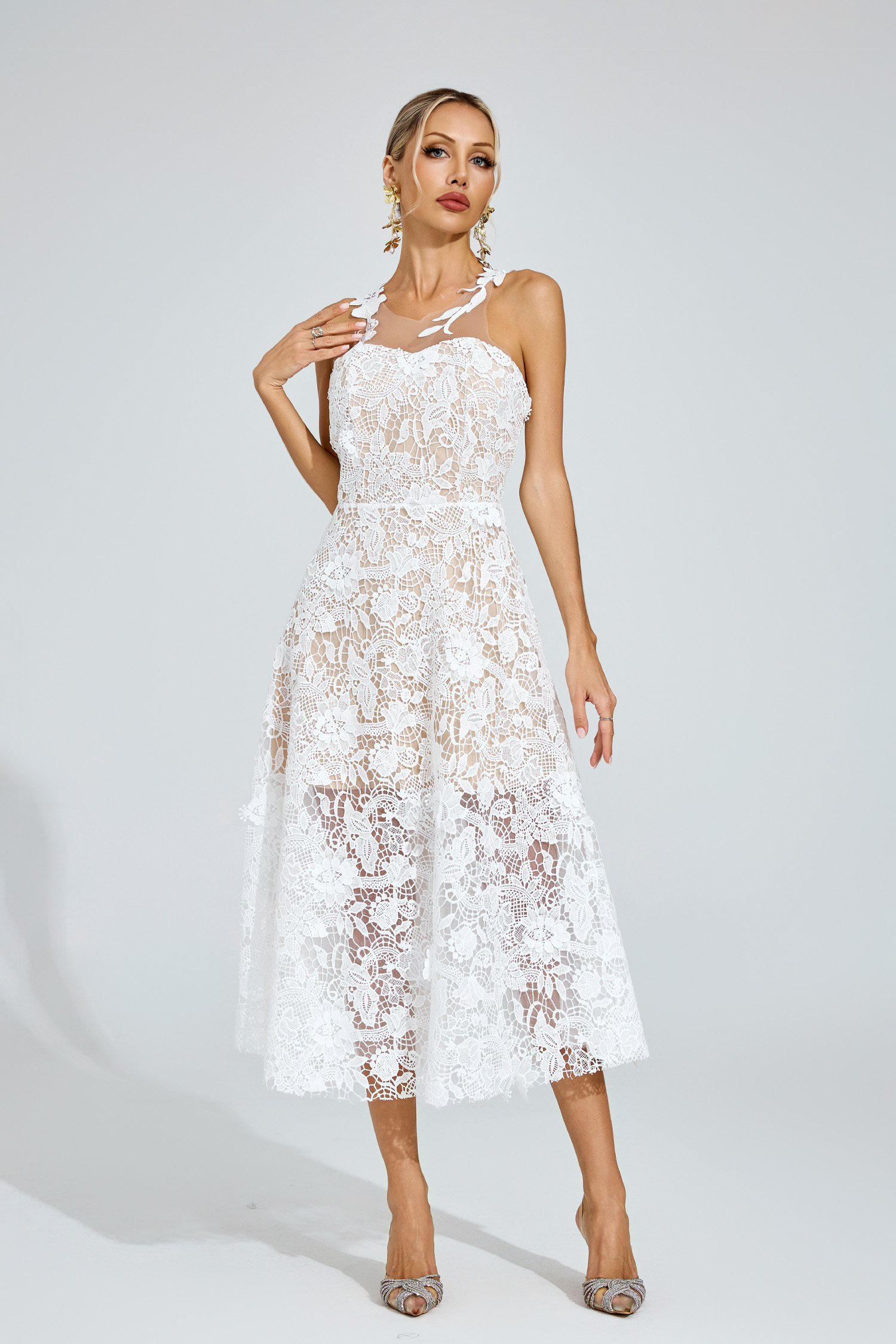 Waters White Lace Illusion Midi Dress