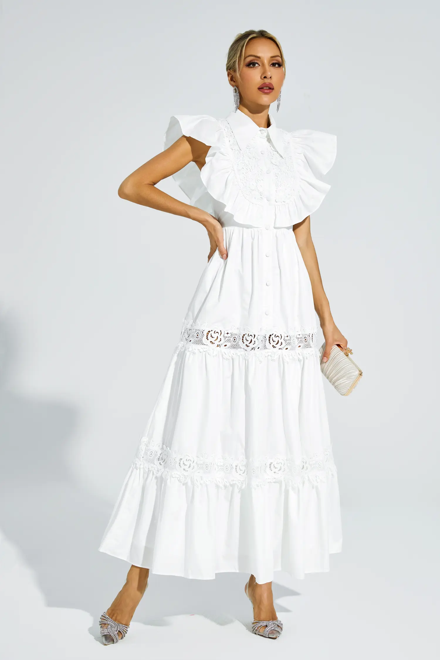 Wesley White Sleeveless Ruffle Midi Dress-CATCHALL