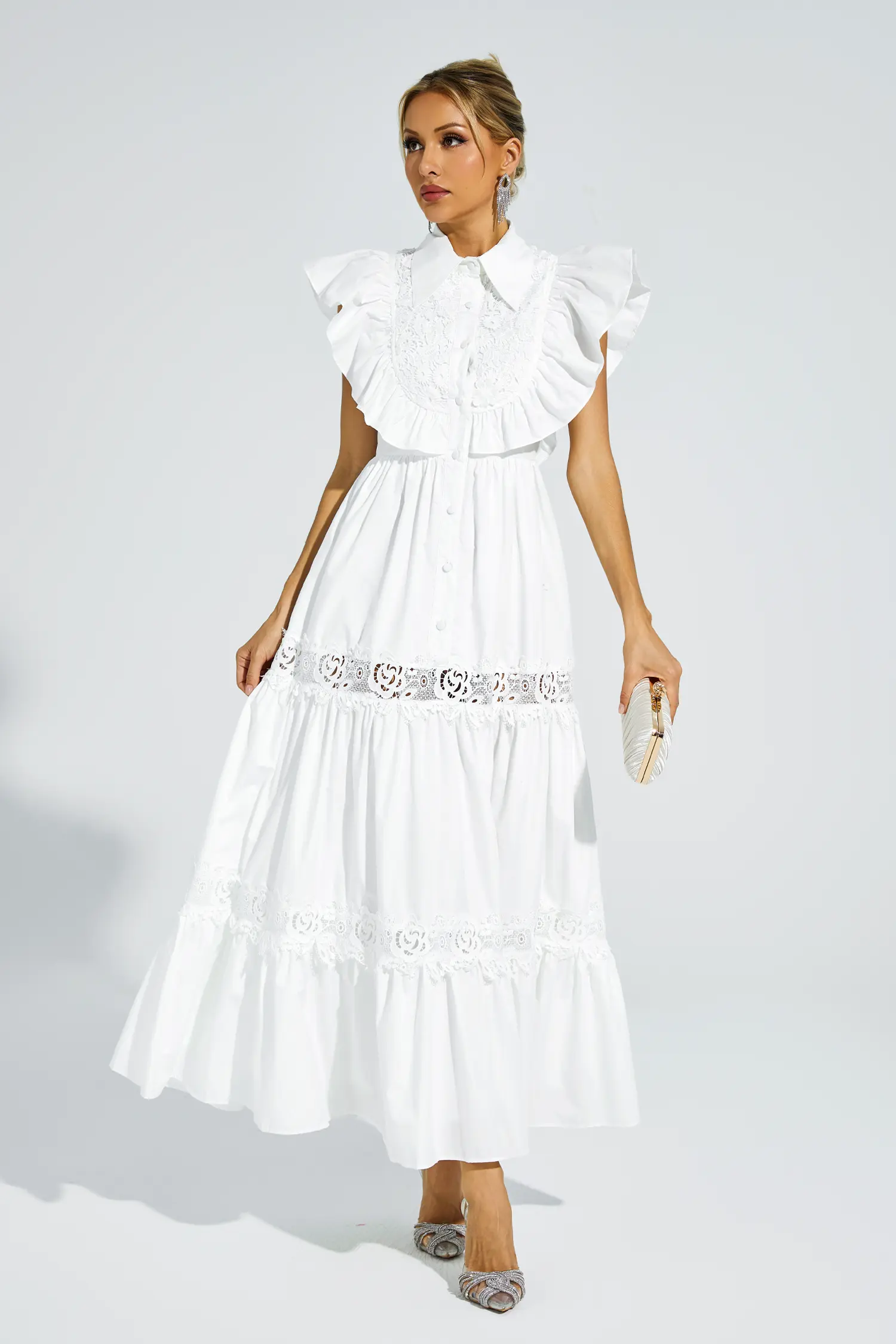 Wesley White Sleeveless Ruffle Midi Dress-CATCHALL