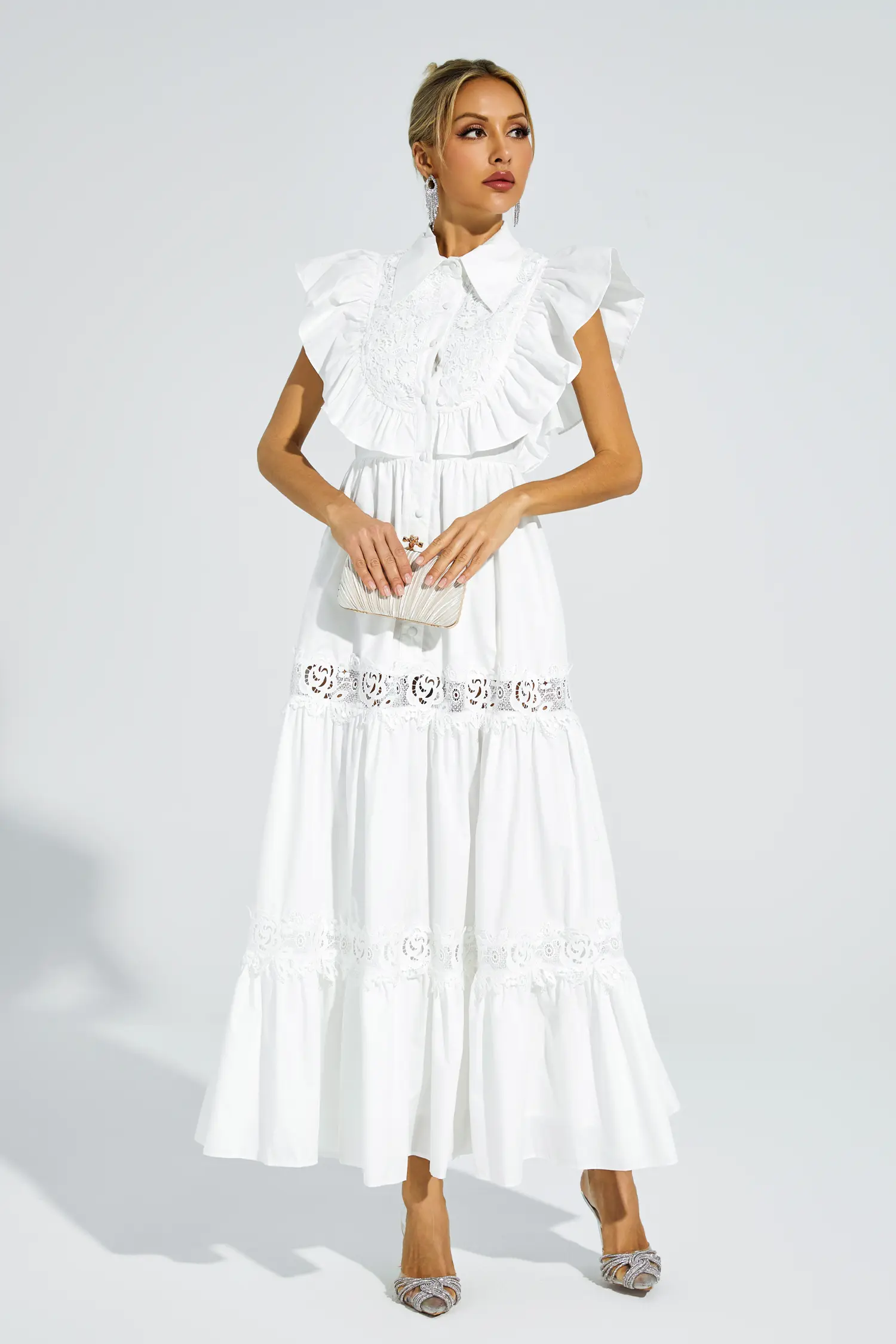 Wesley White Sleeveless Ruffle Midi Dress-CATCHALL