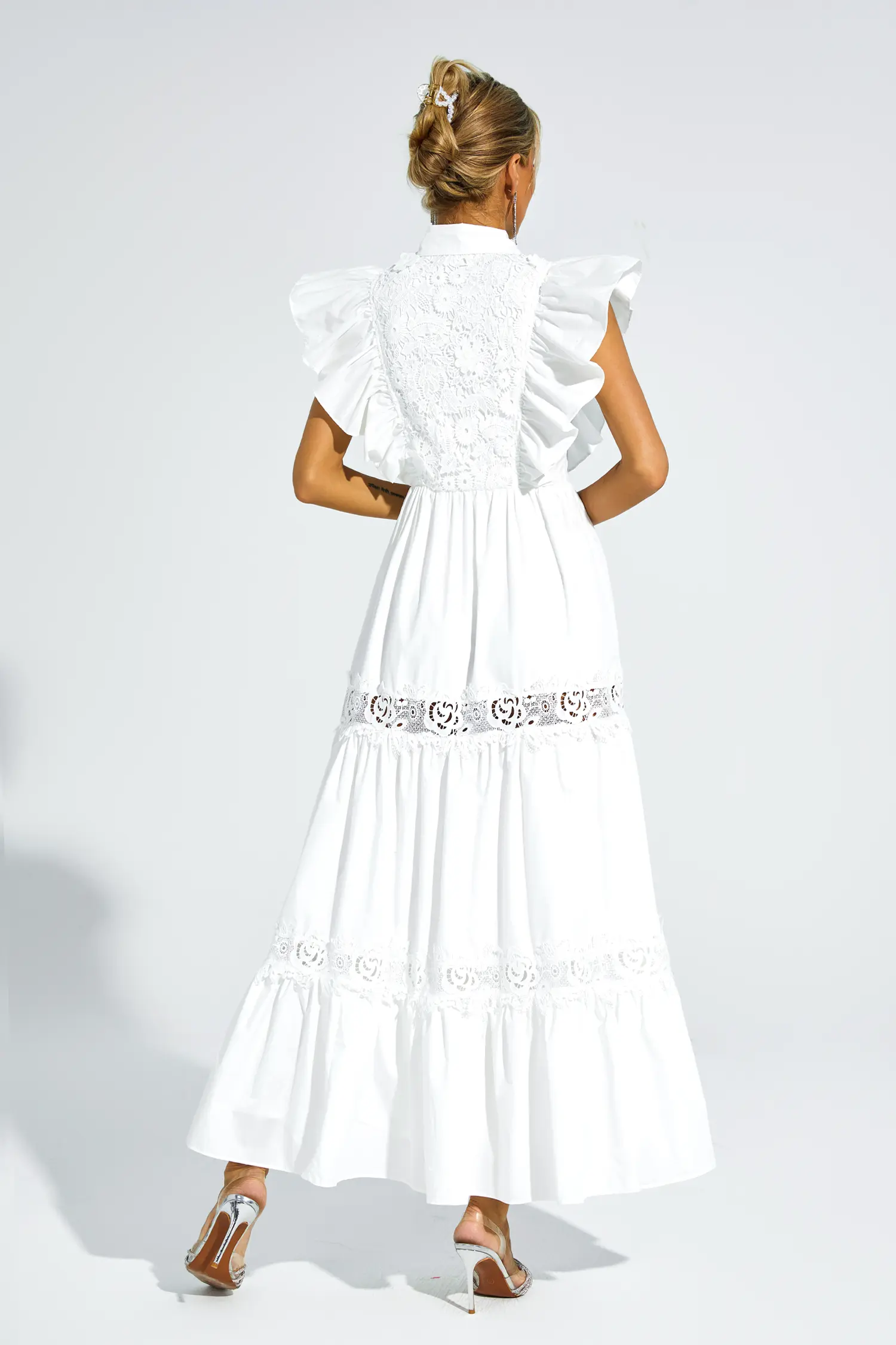 Wesley White Sleeveless Ruffle Midi Dress-CATCHALL