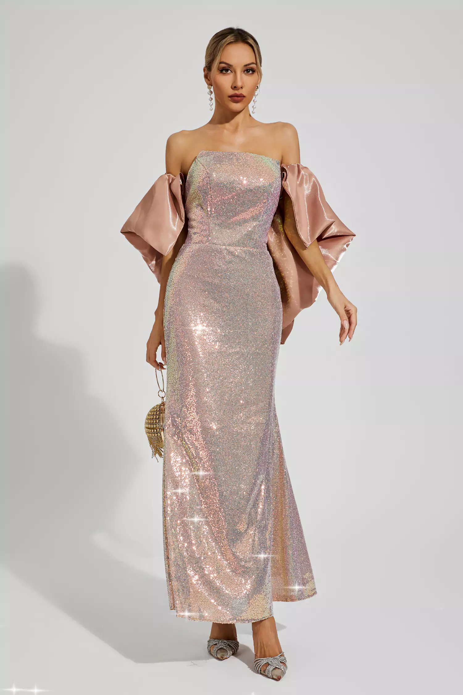 Whitley Apricot Sequins Off-shoulder Dress-CATCHALL