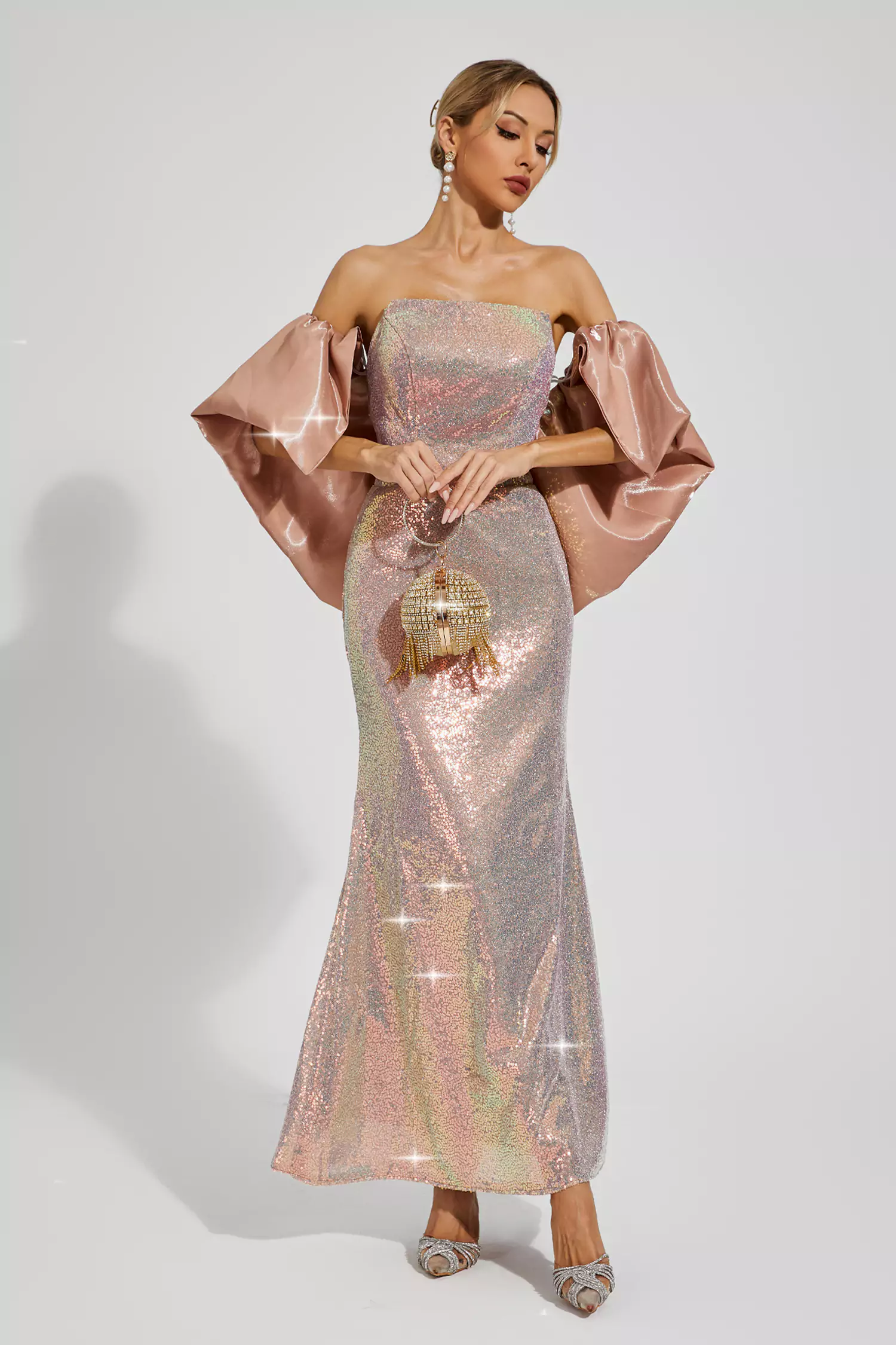 Whitley Apricot Sequins Off-shoulder Dress-CATCHALL