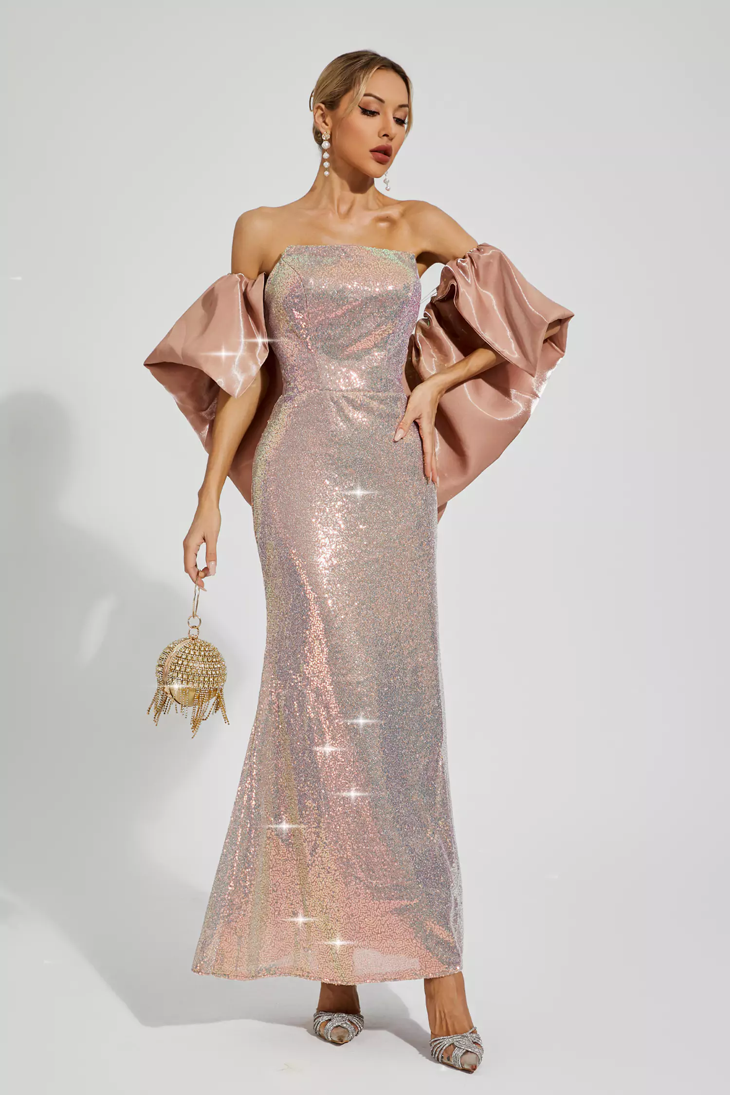 Whitley Apricot Sequins Off-shoulder Dress-CATCHALL