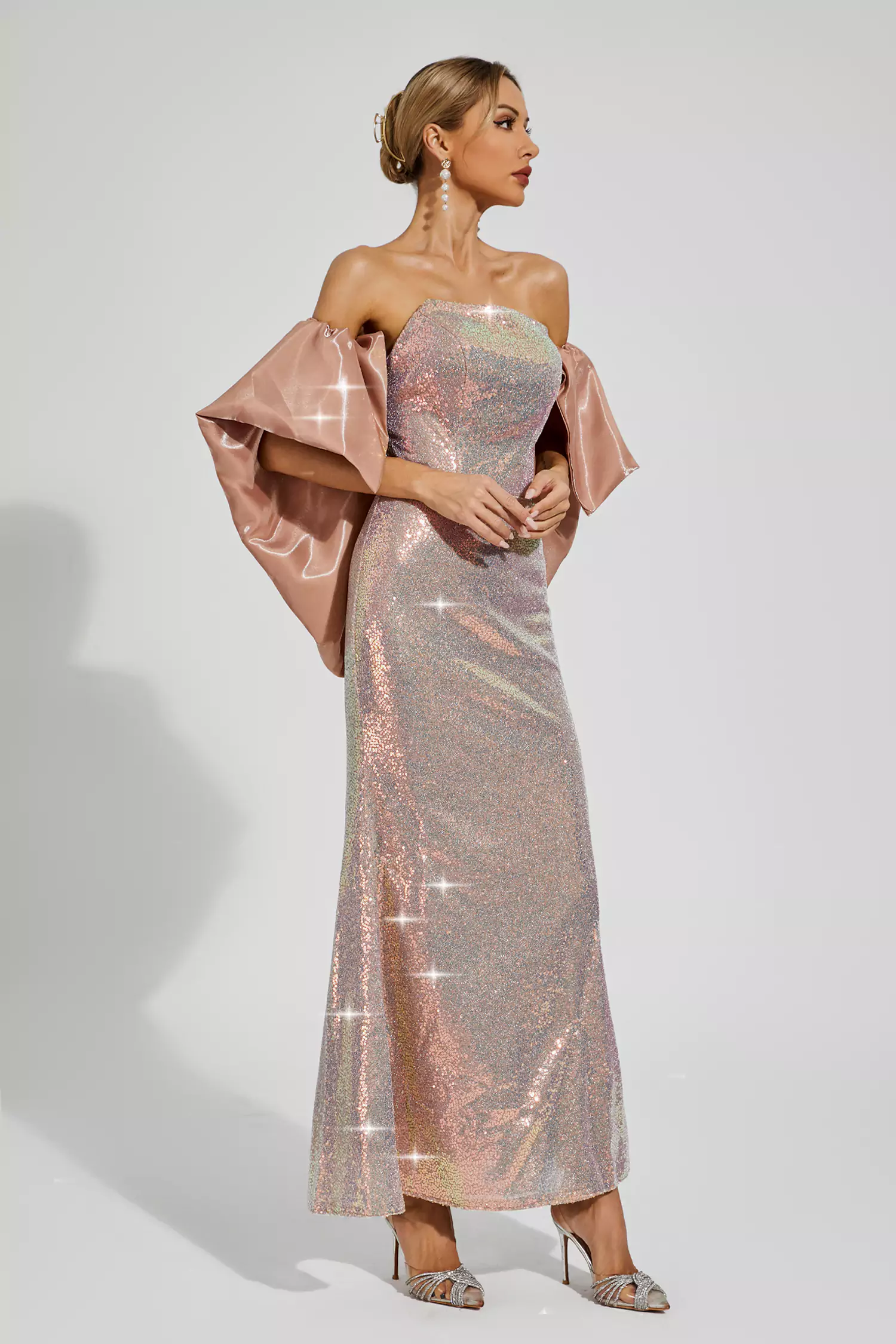 Whitley Apricot Sequins Off-shoulder Dress-CATCHALL