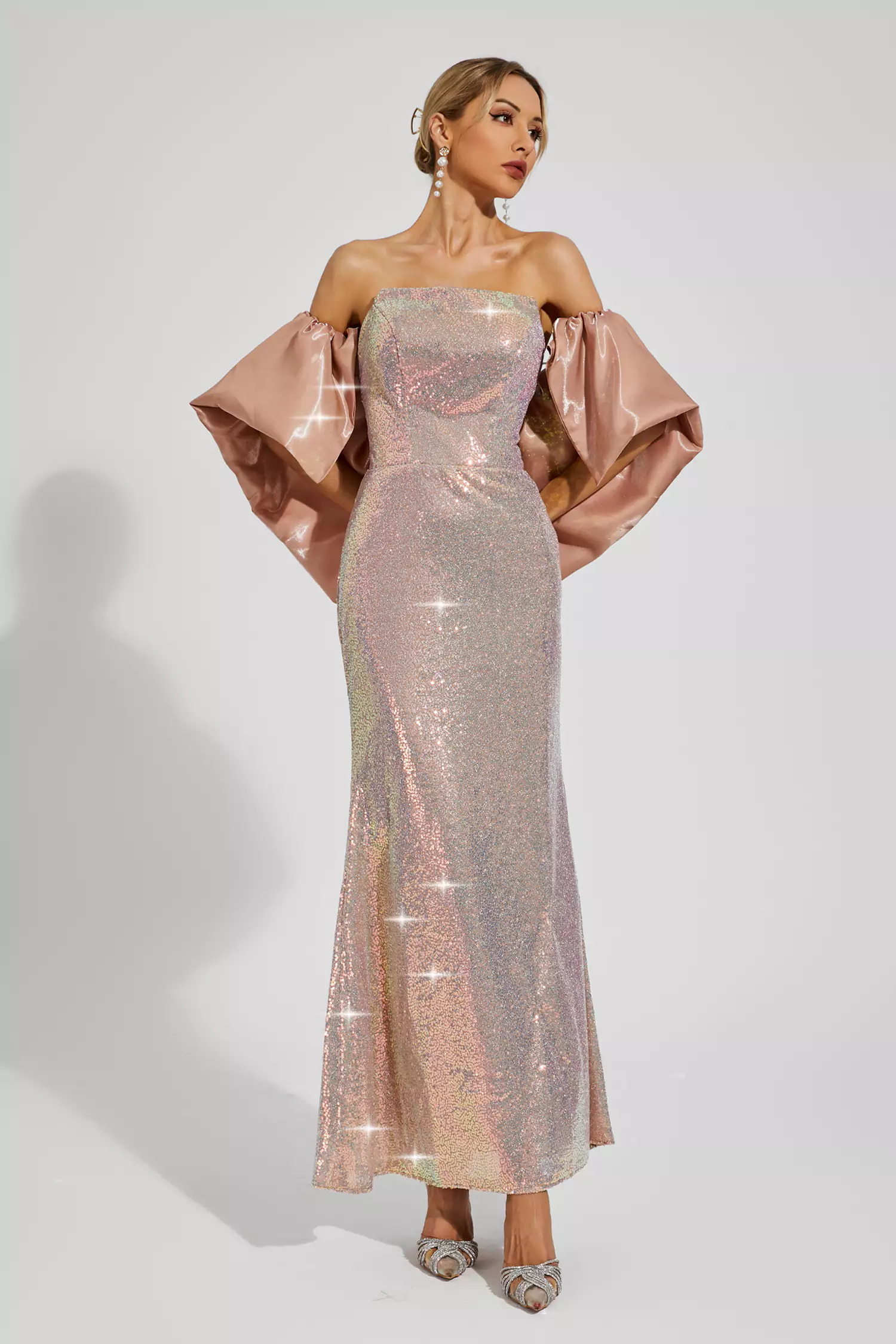 Whitley Apricot Sequins Off-shoulder Dress-CATCHALL