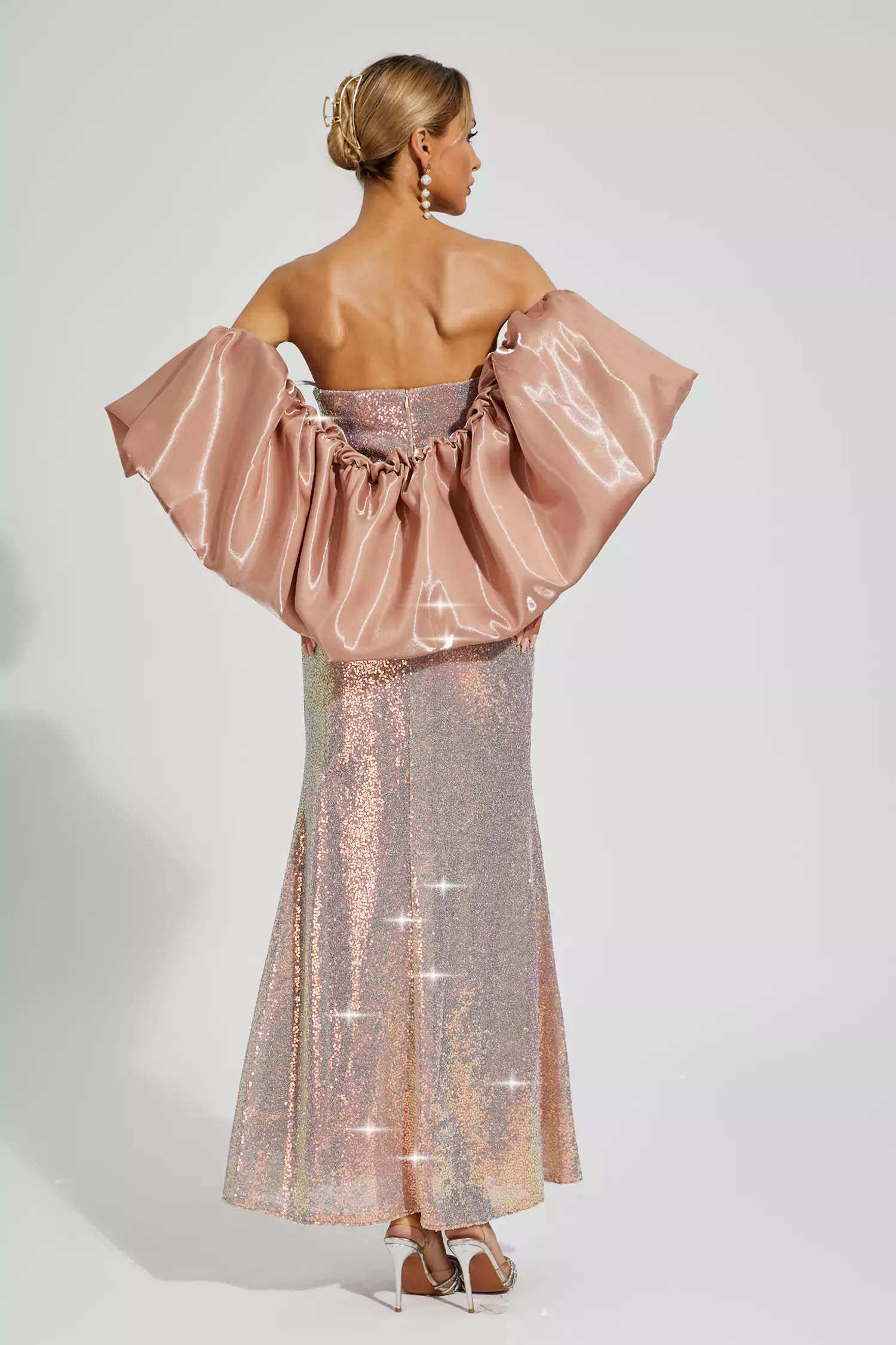 Whitley Apricot Sequins Off-shoulder Dress-CATCHALL