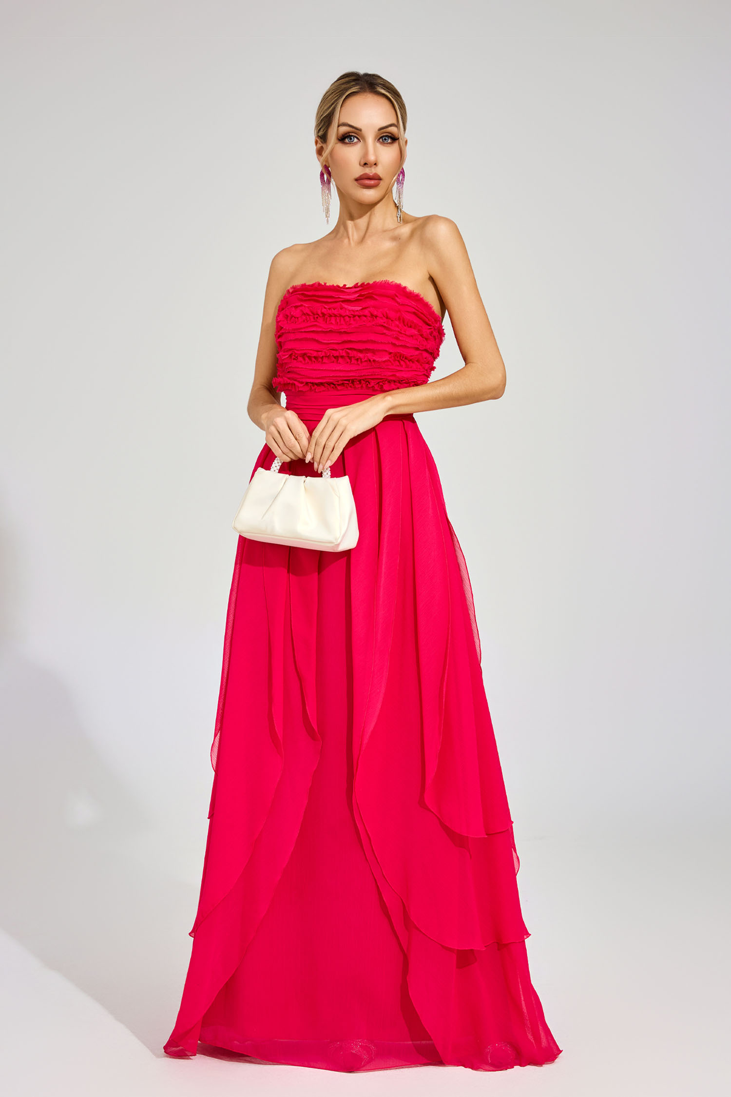Willie Rose Red Ruffled Chiffon Evening Dress