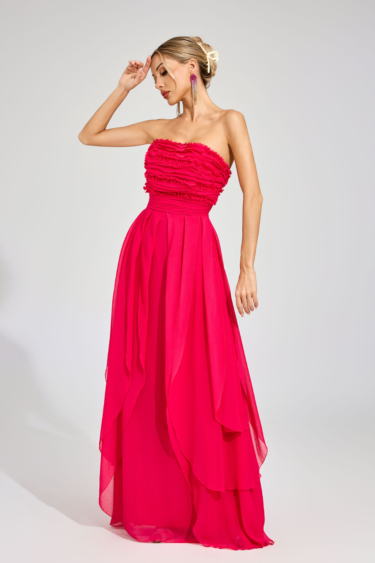 Willie Rose Red Ruffled Chiffon Evening Dress