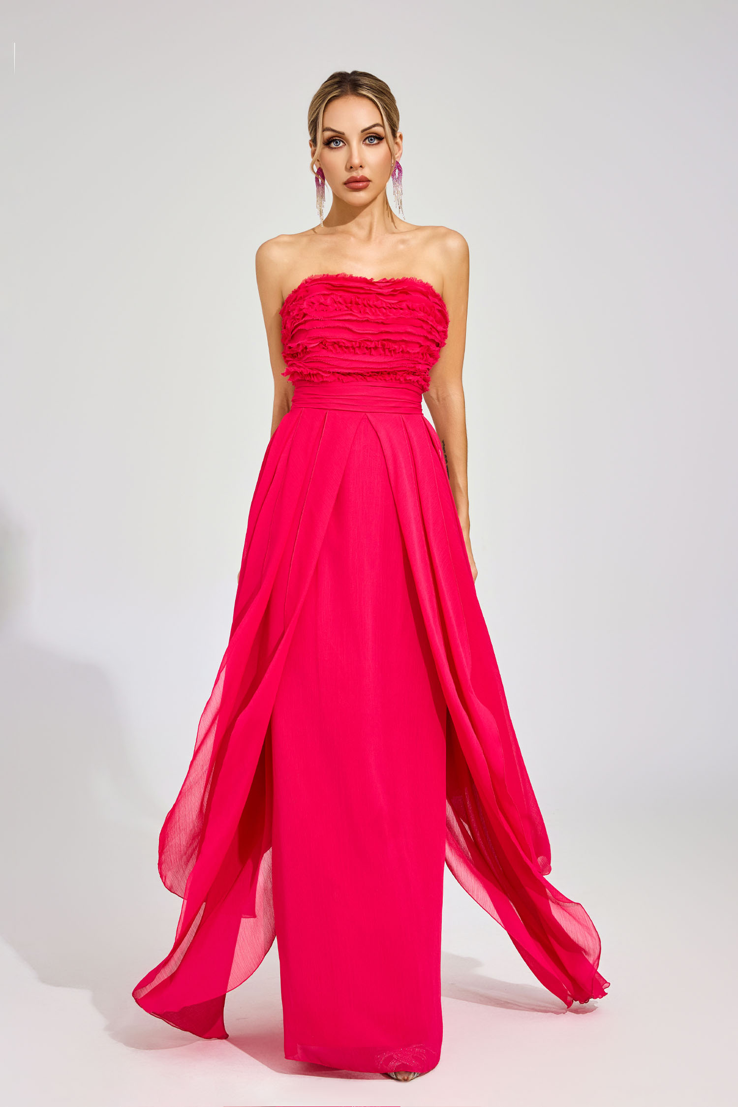 Willie Rose Red Ruffled Chiffon Evening Dress