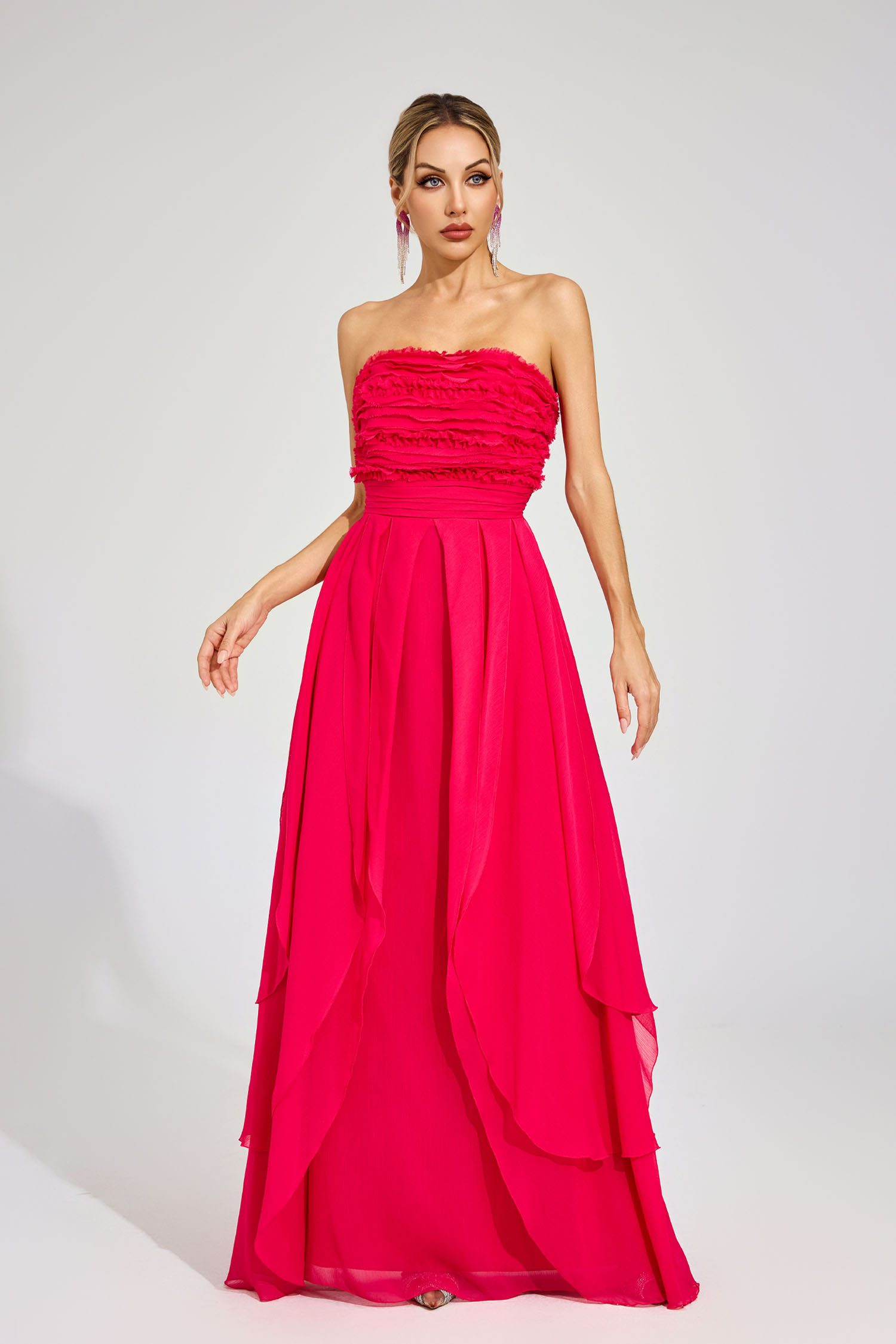Willie Rose Red Ruffled Chiffon Evening Dress