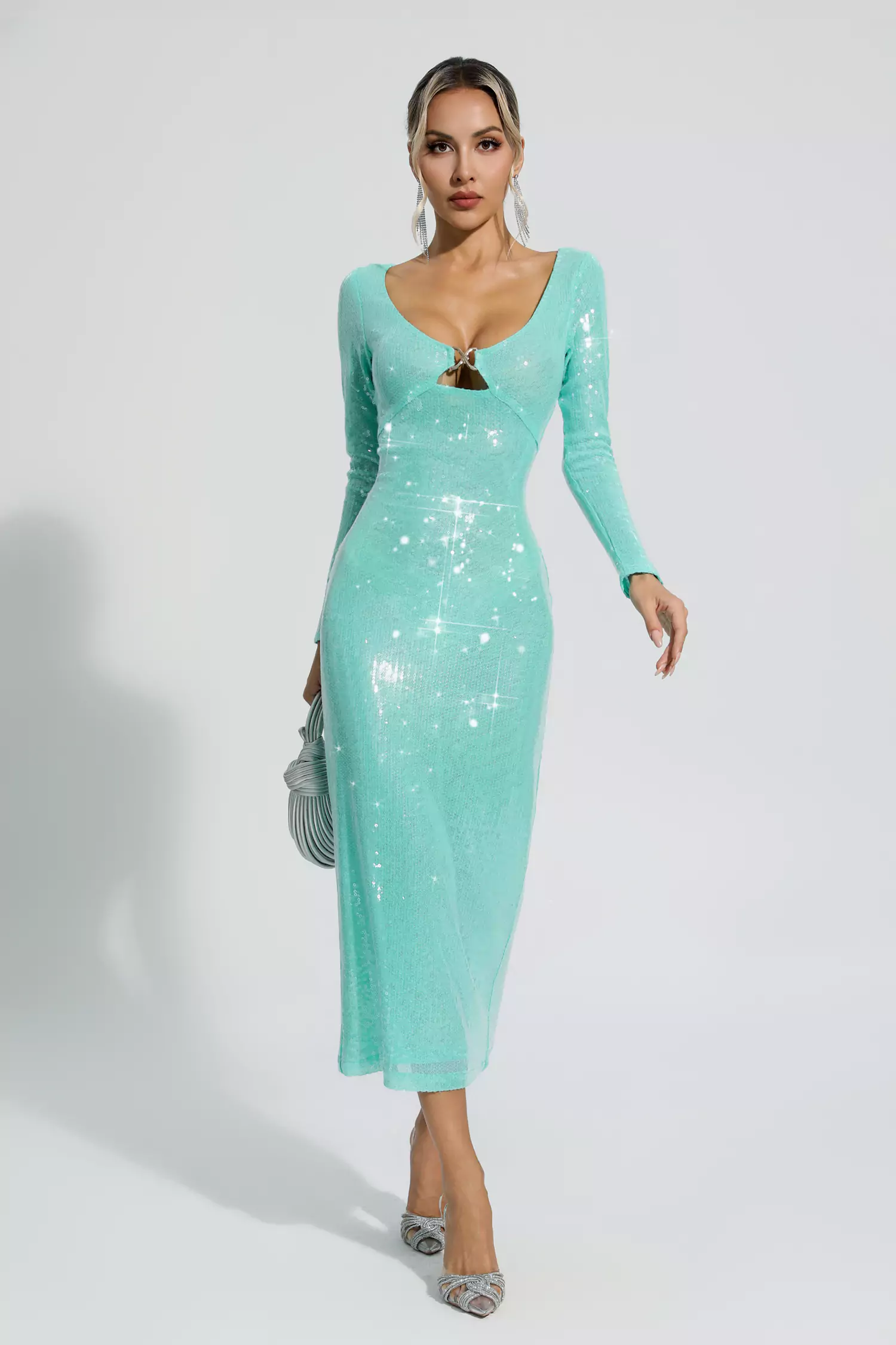 Winnie Green Long Sleeve Sequin Midi Dress
