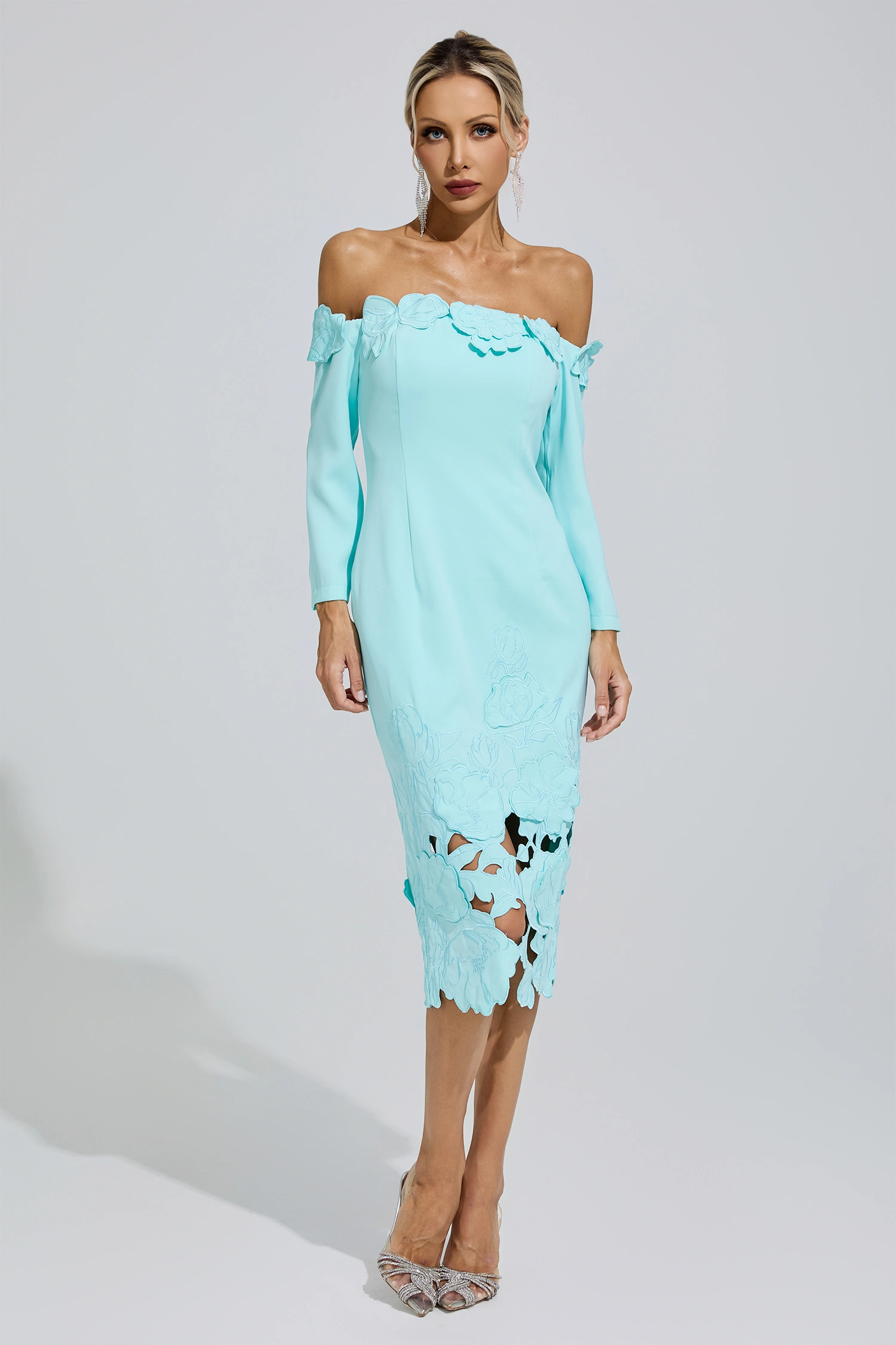Wisława Green Off-Shoulder Embroidered Dress