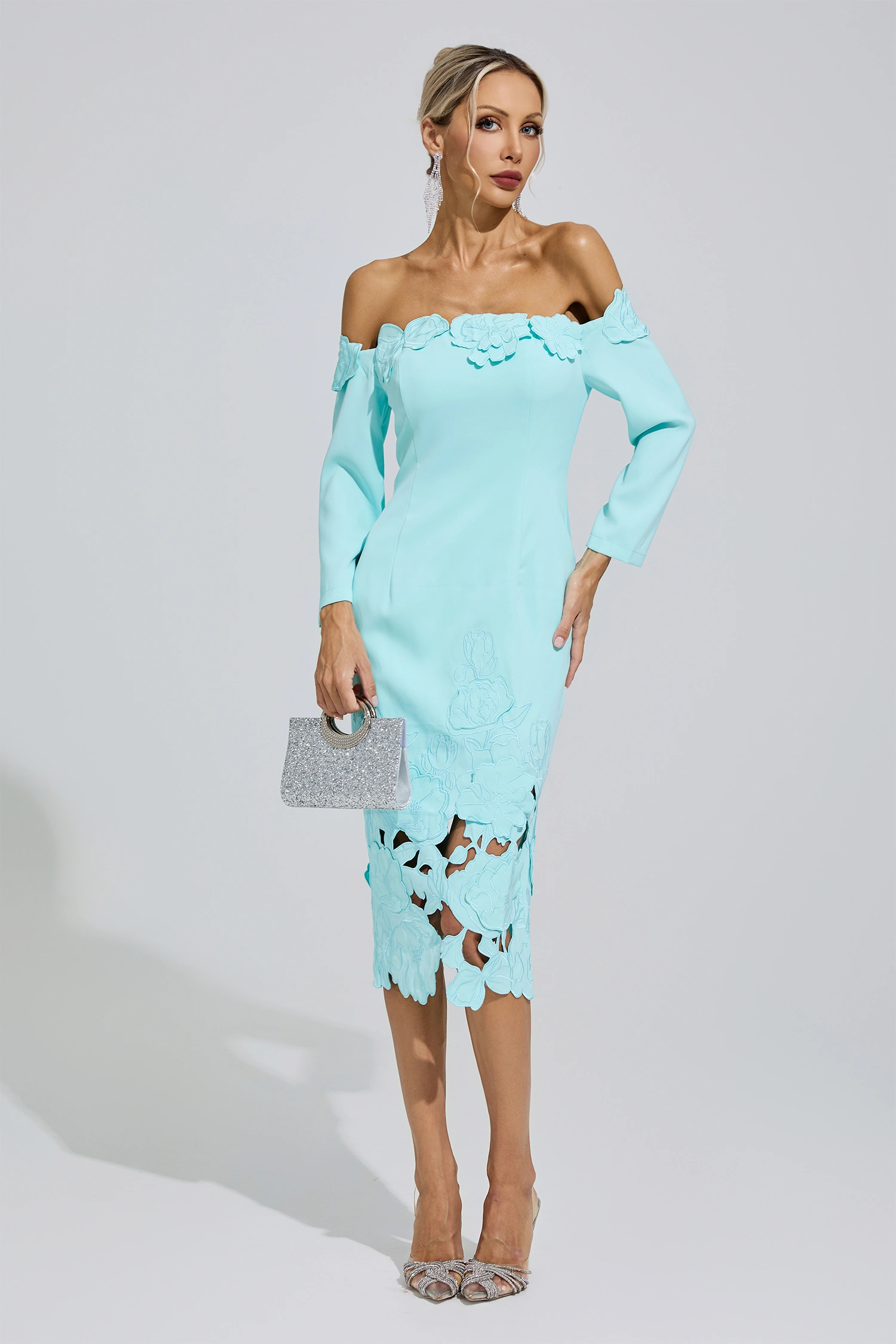 Wisława Green Off-Shoulder Embroidered Dress