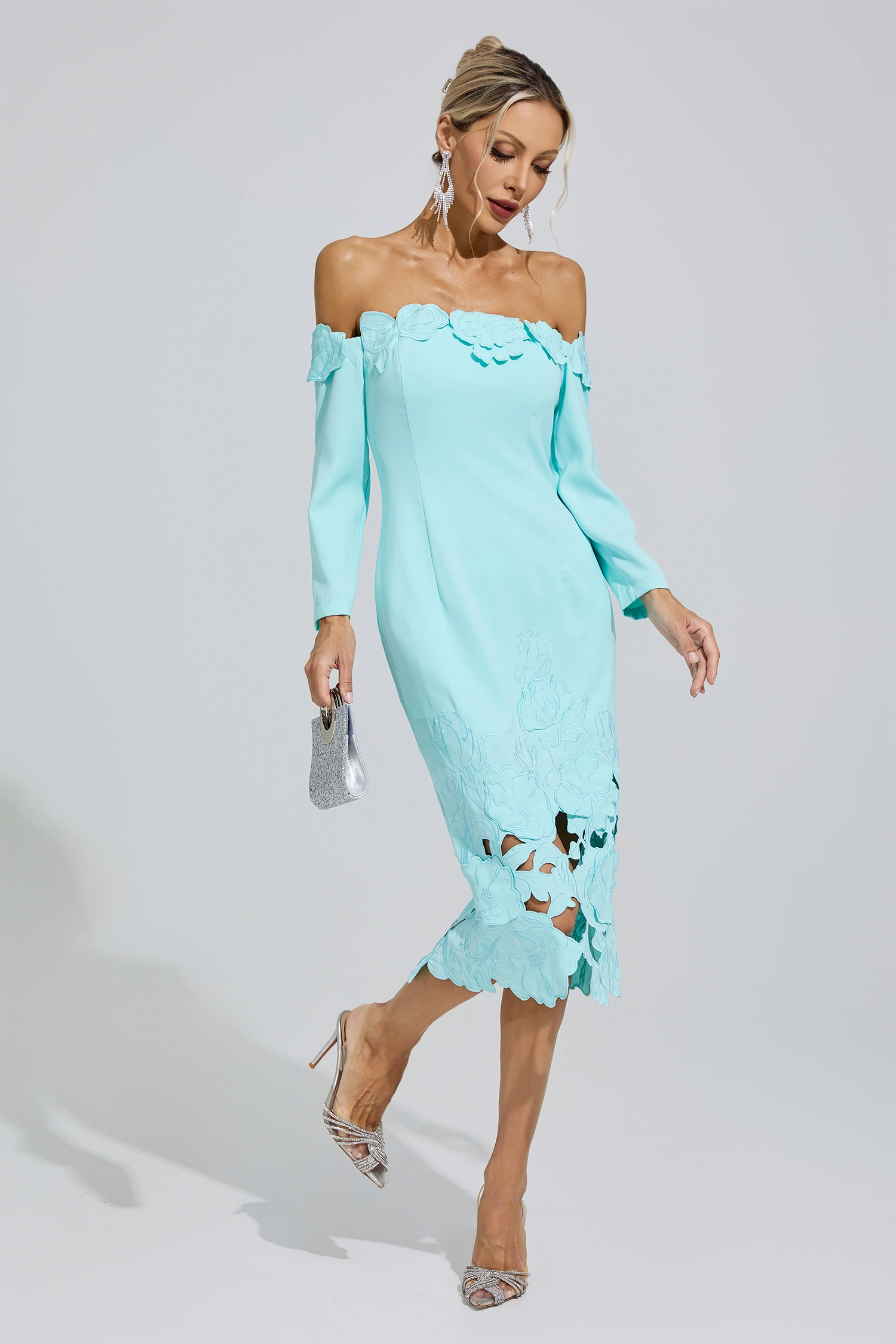 Wisława Green Off-Shoulder Embroidered Dress