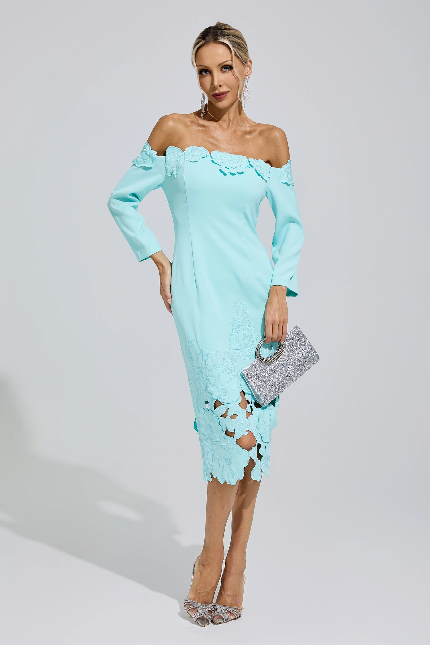 Wisława Green Off-Shoulder Embroidered Dress