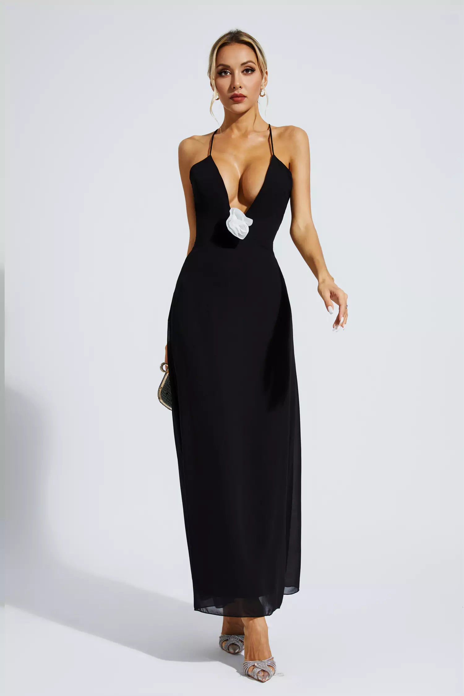Wrenley Black Floral Embellished Maxi Dress-CATCHALL