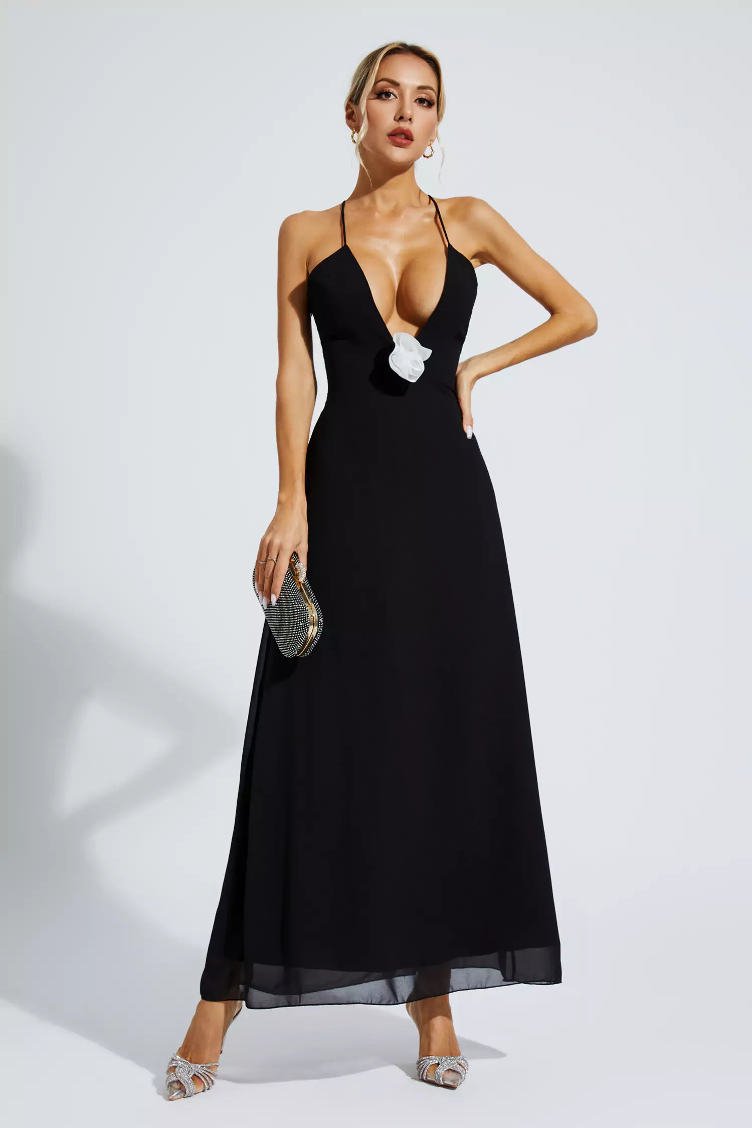 Wrenley Black Floral Embellished Maxi Dress-CATCHALL