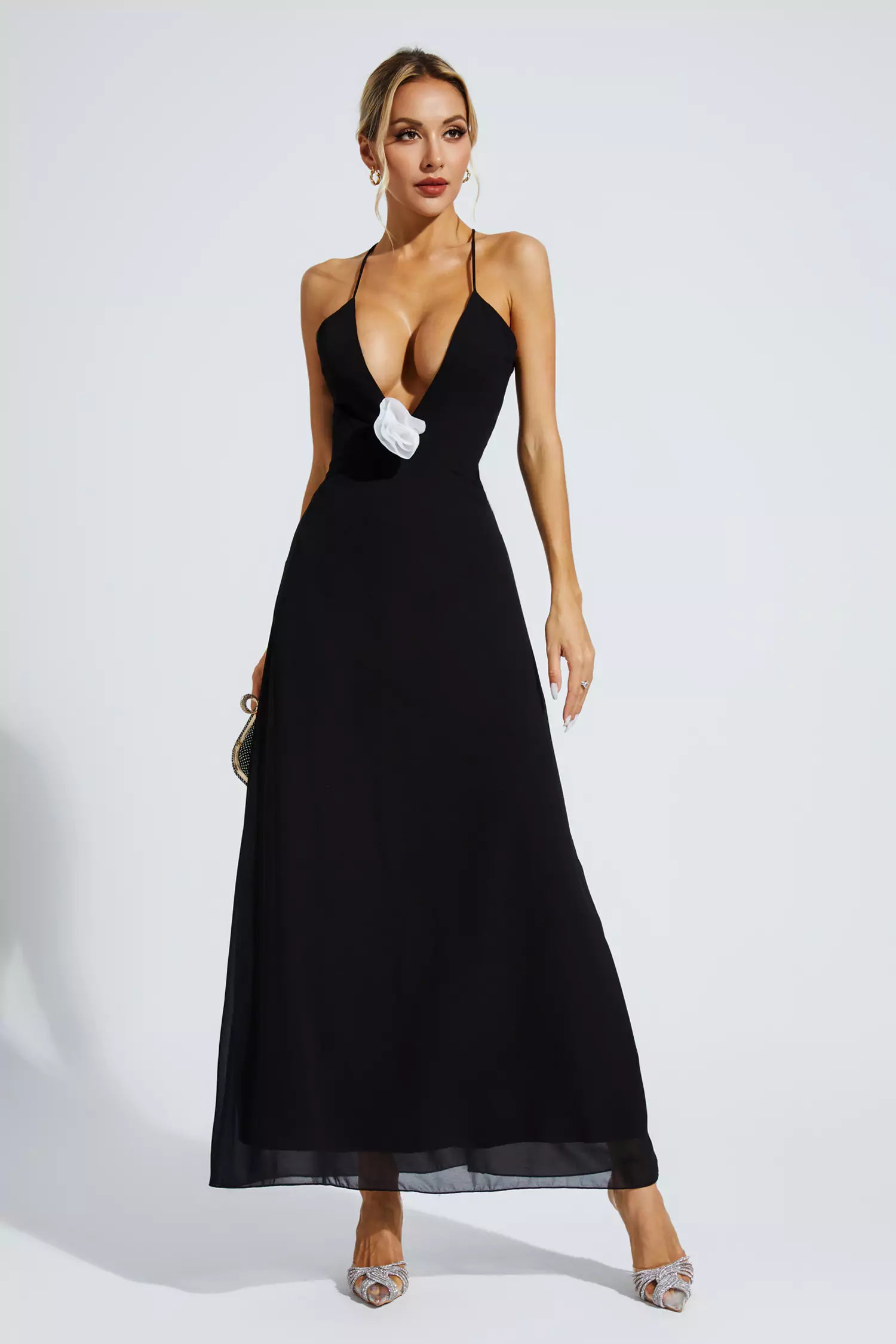 Wrenley Black Floral Embellished Maxi Dress-CATCHALL