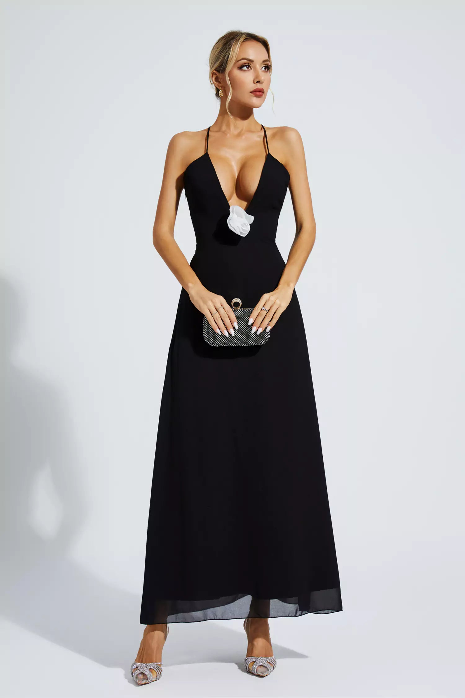 Wrenley Black Floral Embellished Maxi Dress-CATCHALL