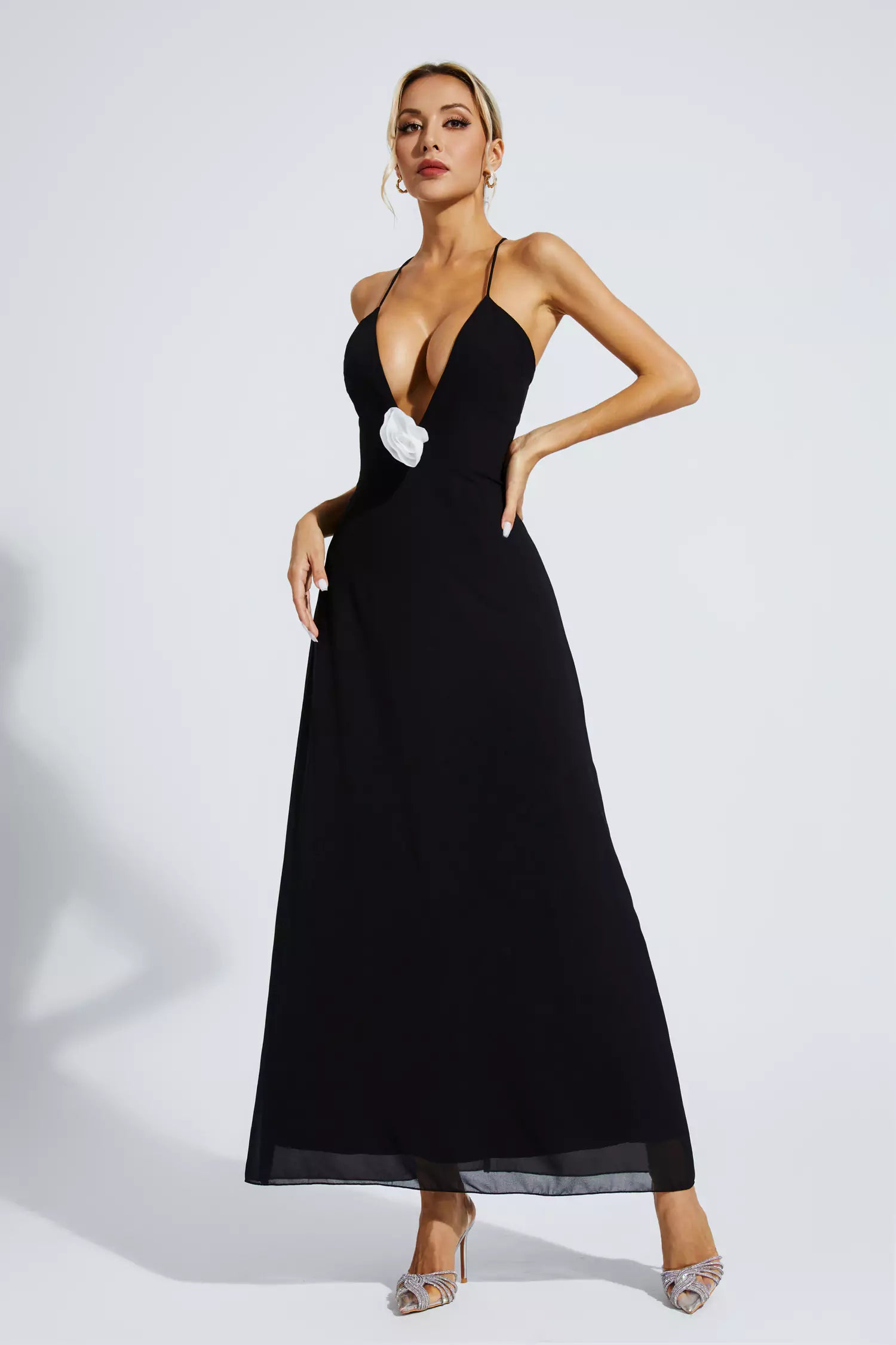 Wrenley Black Floral Embellished Maxi Dress-CATCHALL