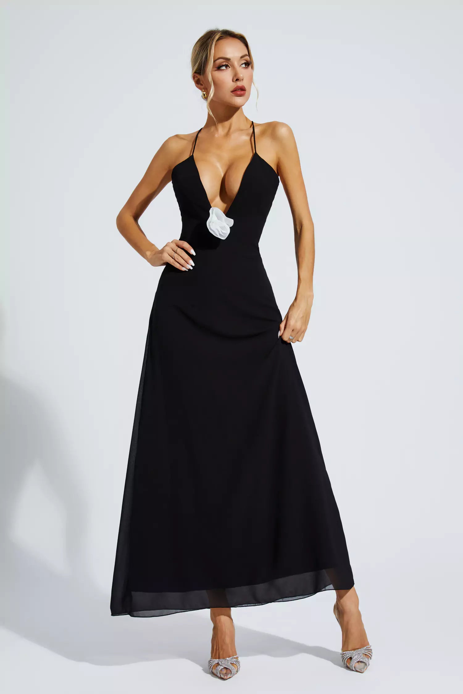 Wrenley Black Floral Embellished Maxi Dress-CATCHALL