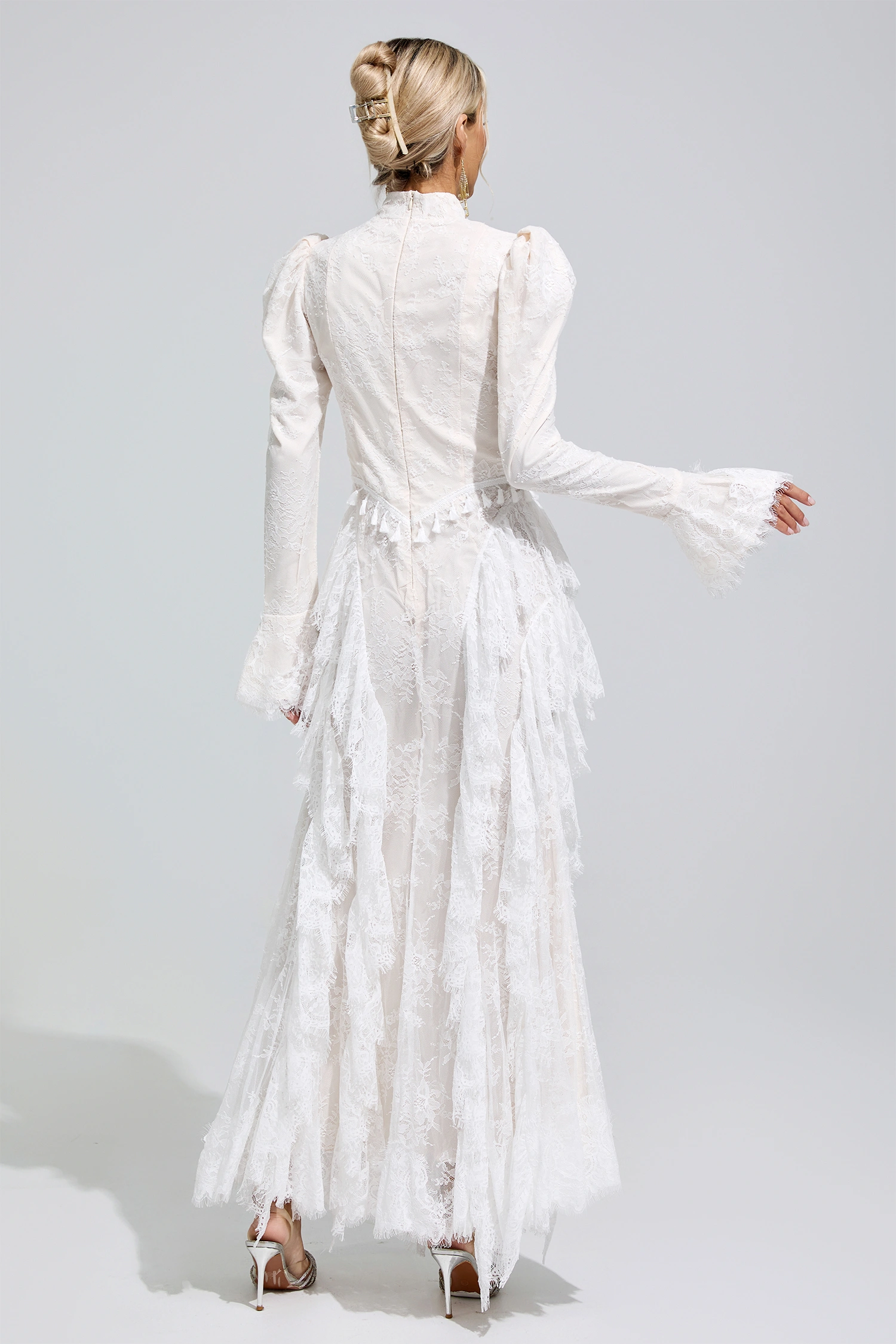 Yalow White Puff Sleeve Tassel Dress