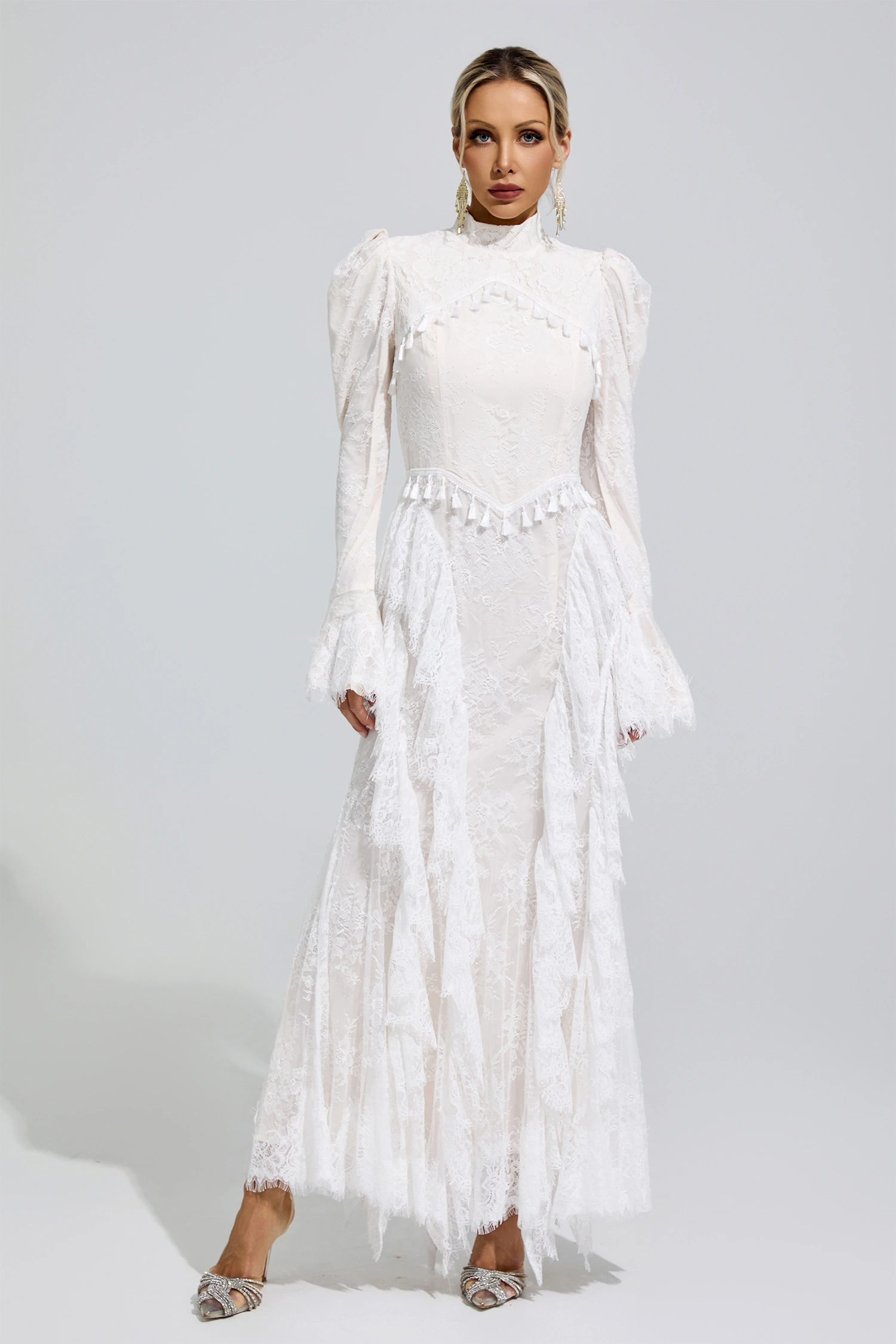 Yalow White Puff Sleeve Tassel Dress
