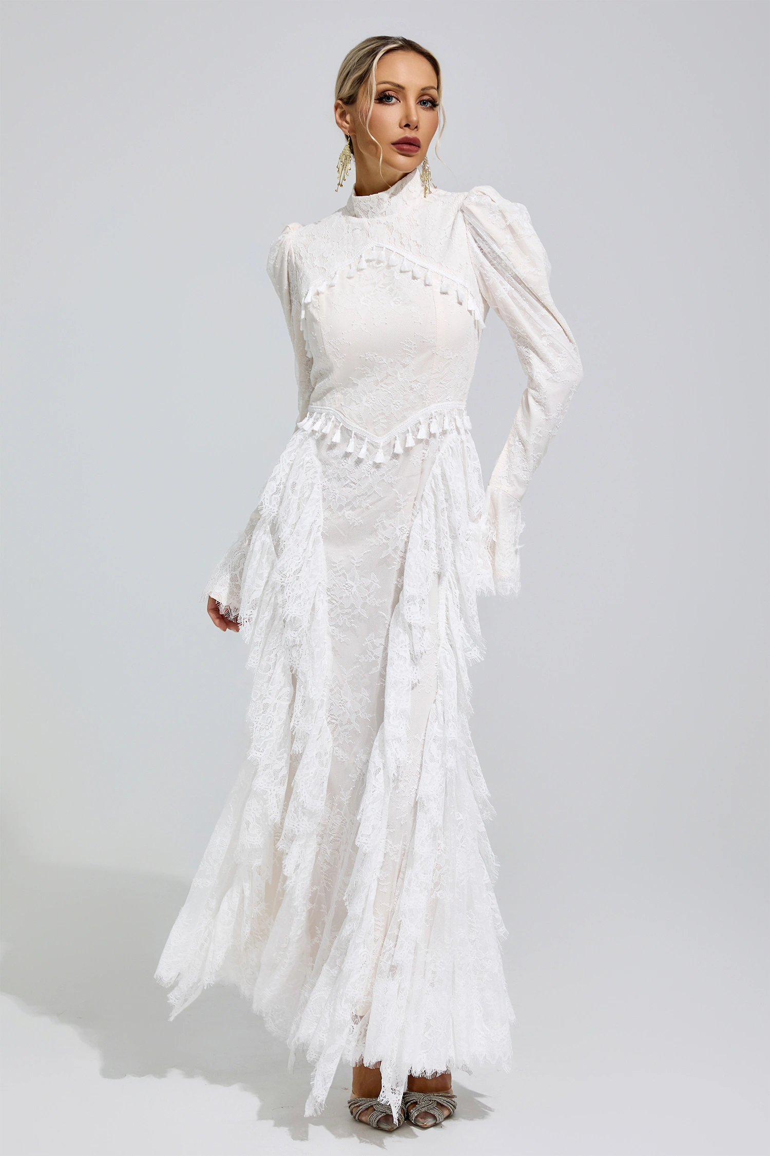 Yalow White Puff Sleeve Tassel Dress