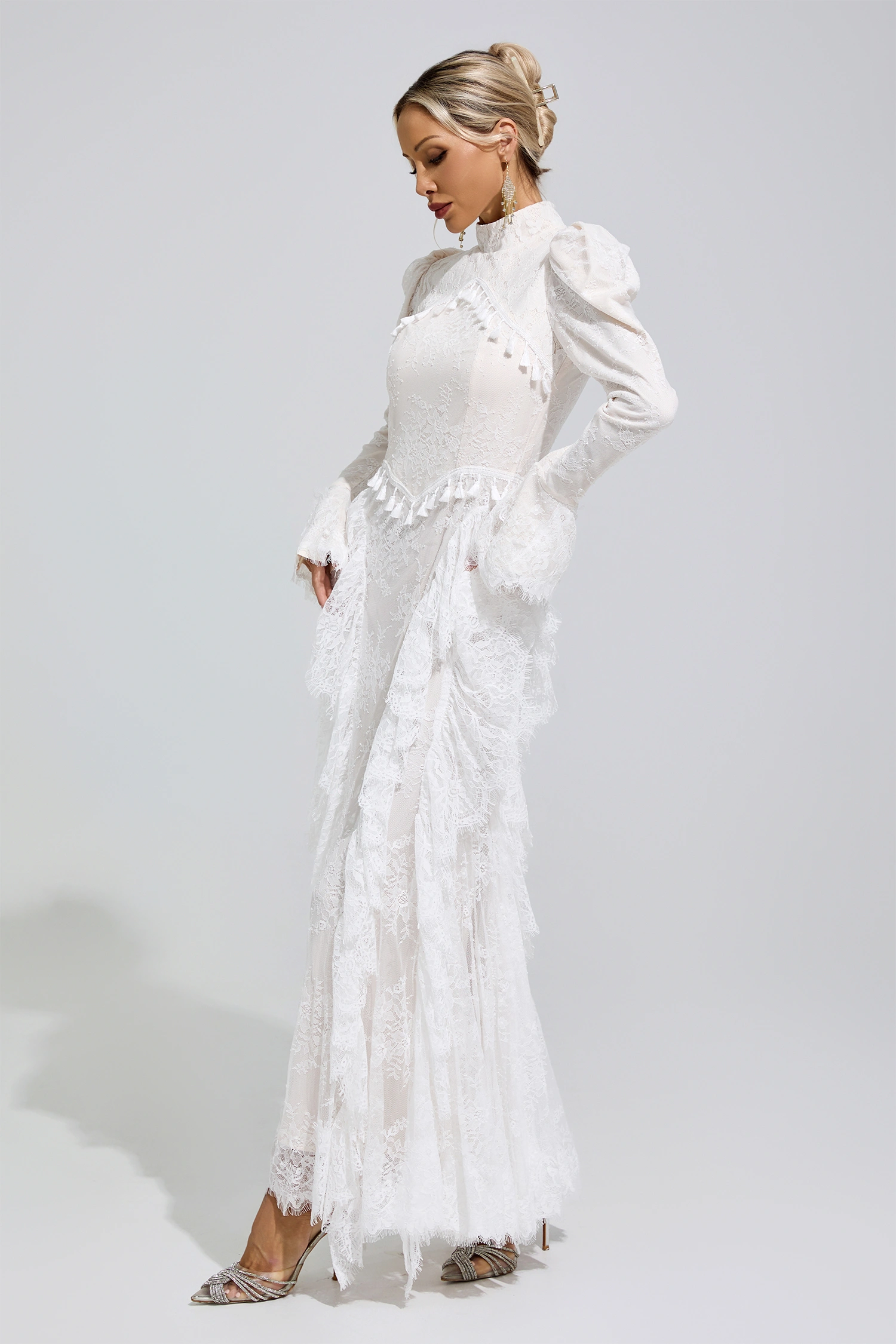 Yalow White Puff Sleeve Tassel Dress
