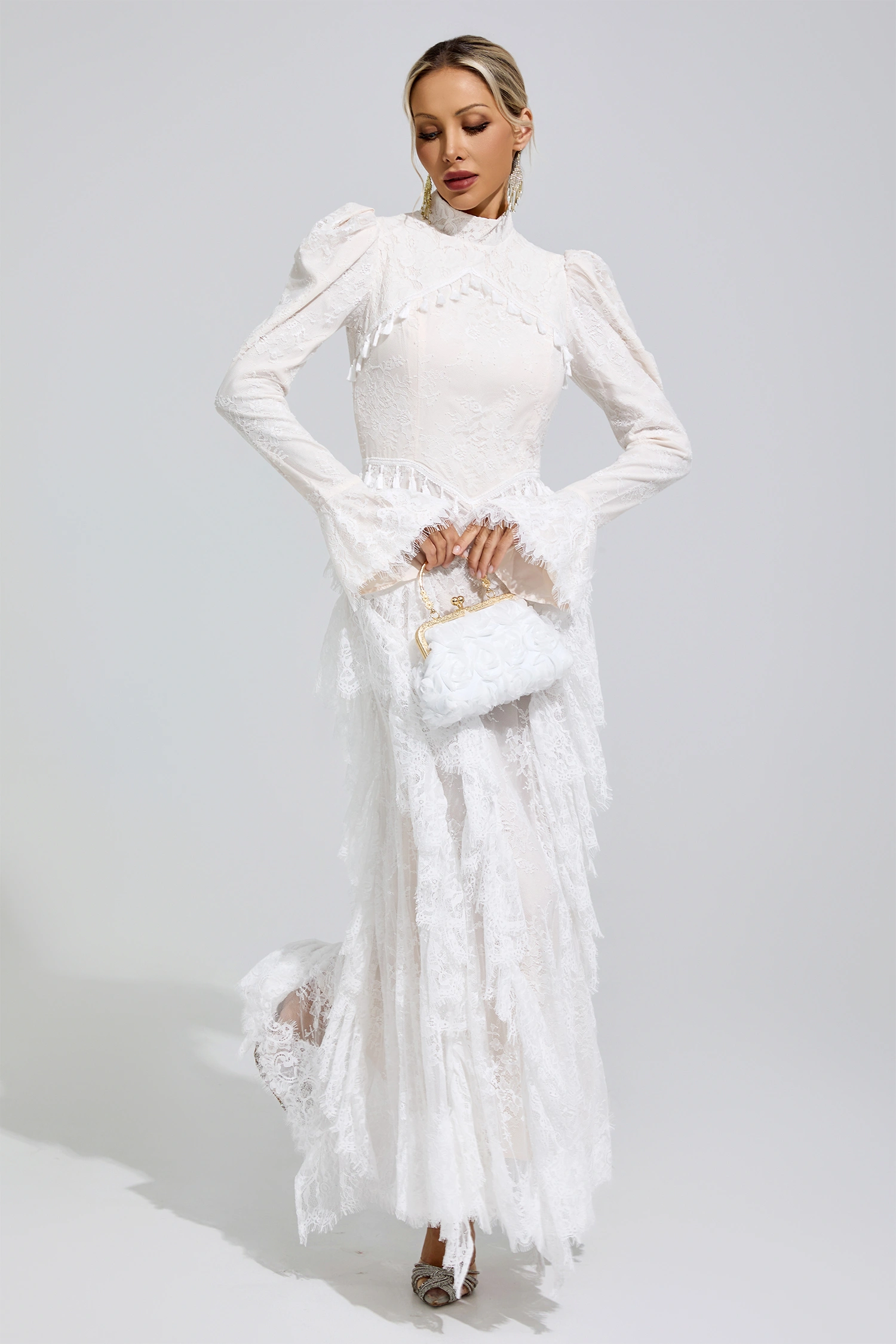 Yalow White Puff Sleeve Tassel Dress