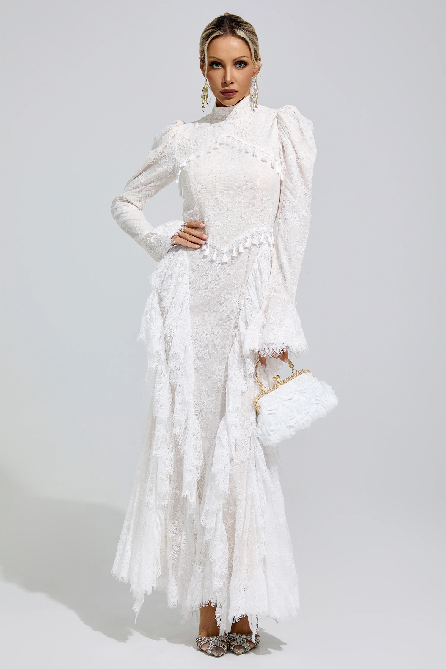 Yalow White Puff Sleeve Tassel Dress