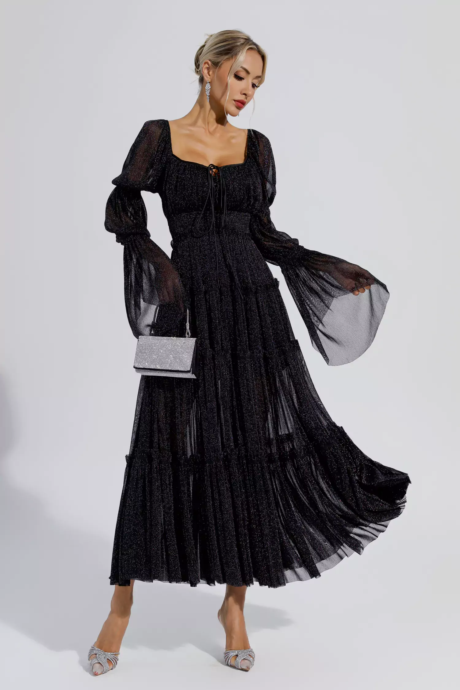 Yaretzi Black Sequin Long Sleeve Maxi Dress-CATCHALL
