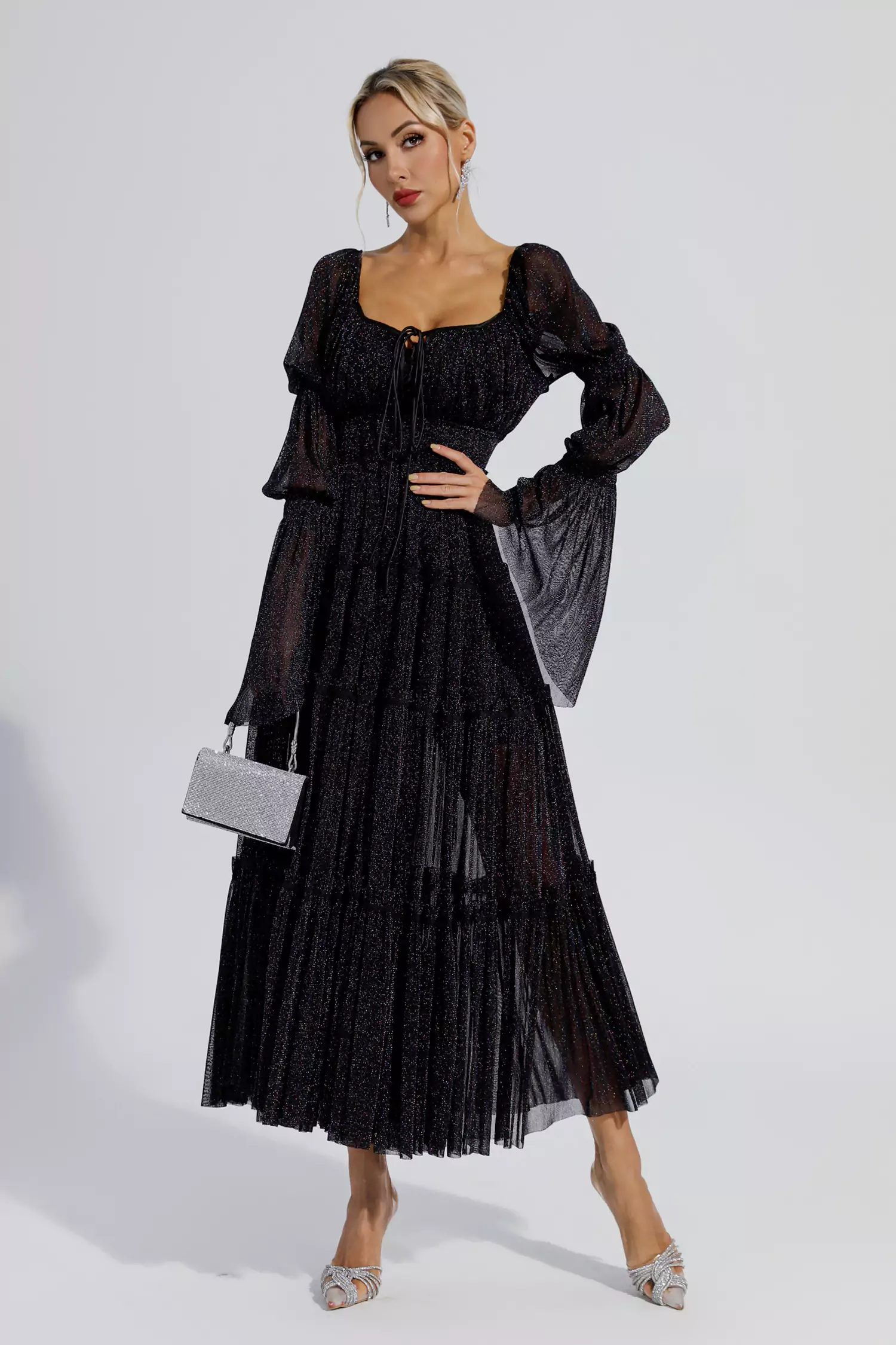 Yaretzi Black Sequin Long Sleeve Maxi Dress-CATCHALL