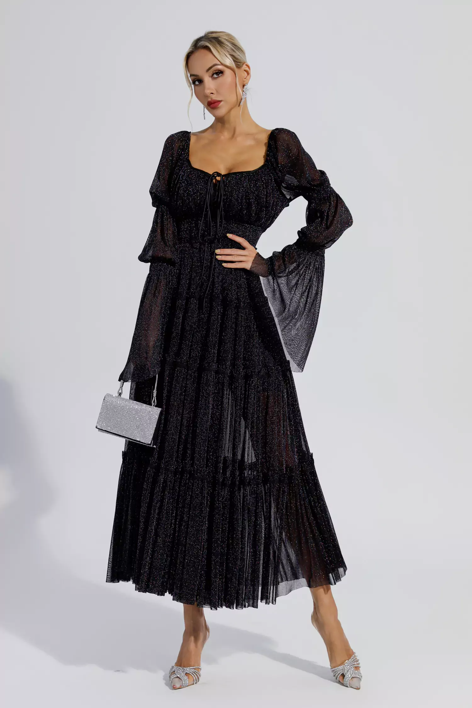 Yaretzi Black Sequin Long Sleeve Maxi Dress